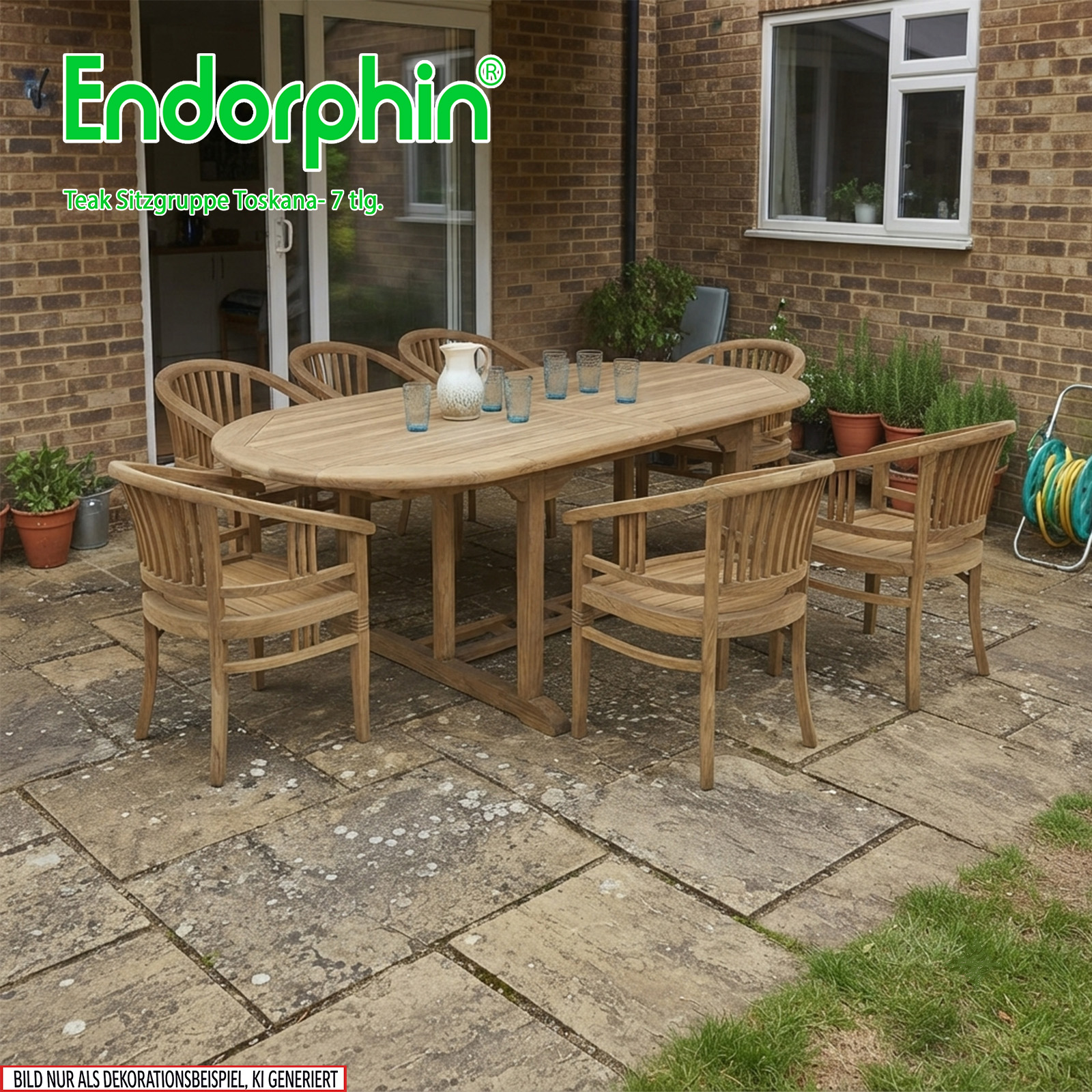 Endorphin Toskana Gartenmöbel Set 7tlg. Teakholz, Tisch oval, ausziehbar mit 6 Stühlen stapelbar