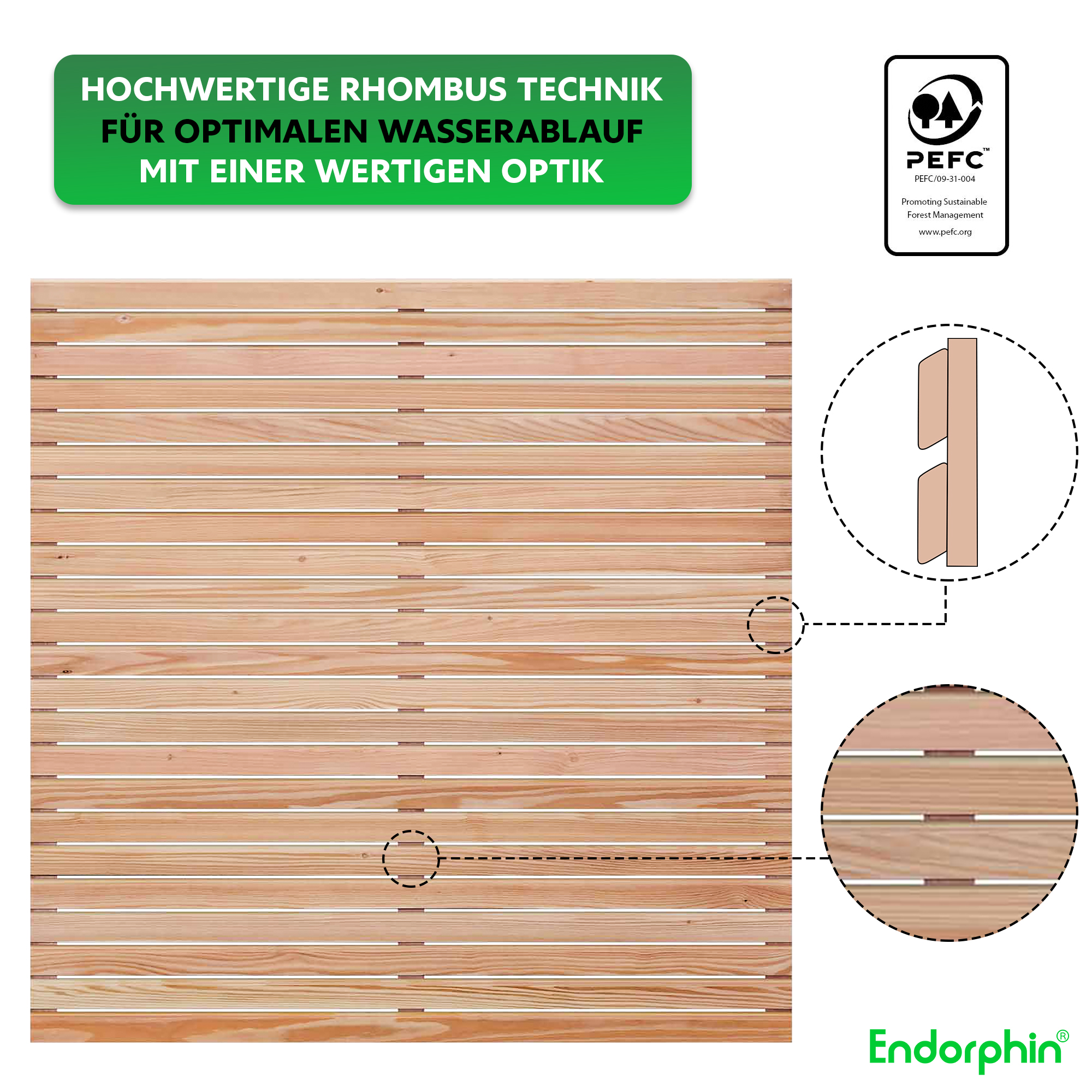Endorphin Rhombus-Sichtschutzzaun Lärche | 1x Elemente [180x180cm] & 2x Holz-Pfosten [9x9x190cm]