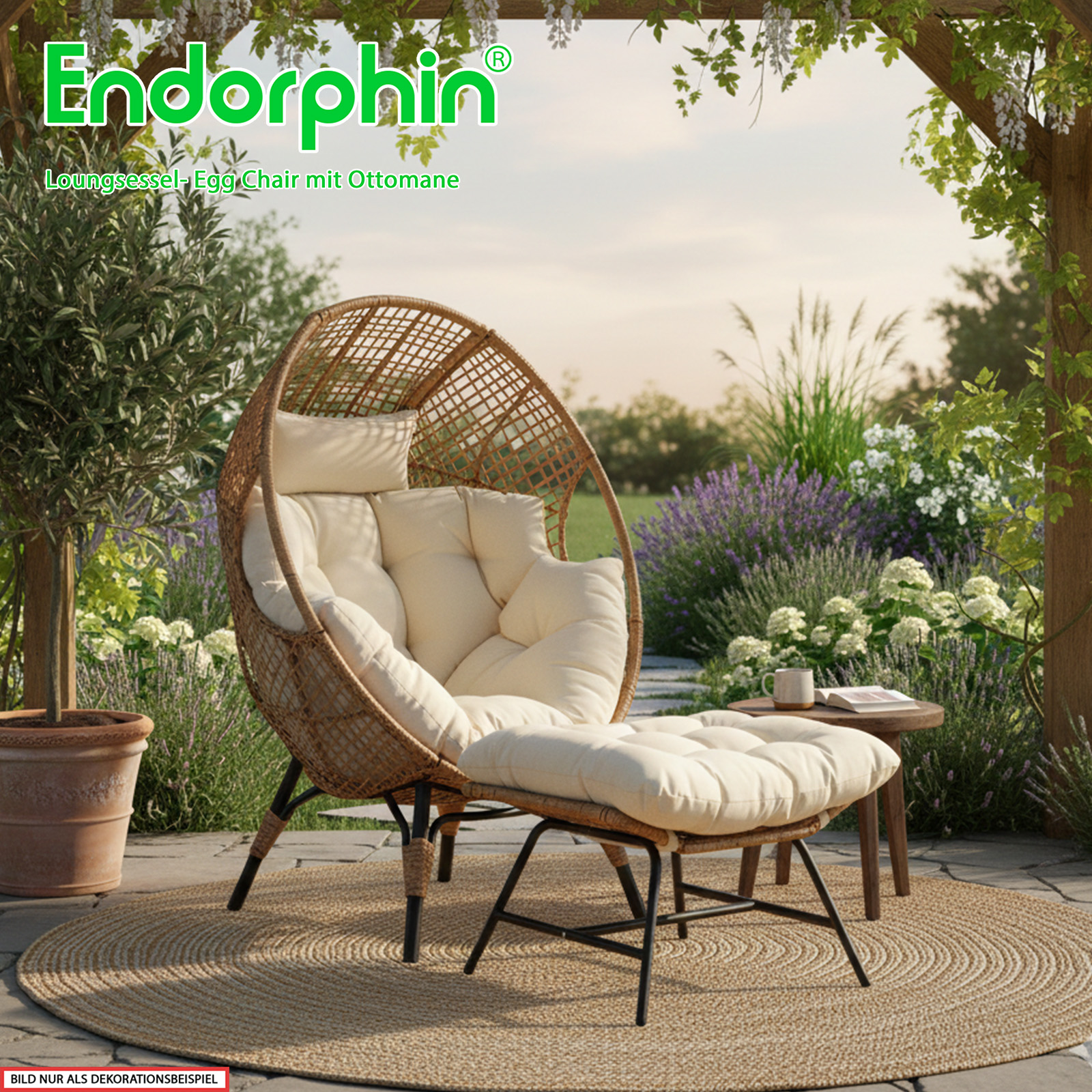 Endorphin Loungesessel Egg Chair, Gartenmöbel, Korbsessel für drinnen u. draußen m. Kissen u. Hocker/Ottomane Gartensessel