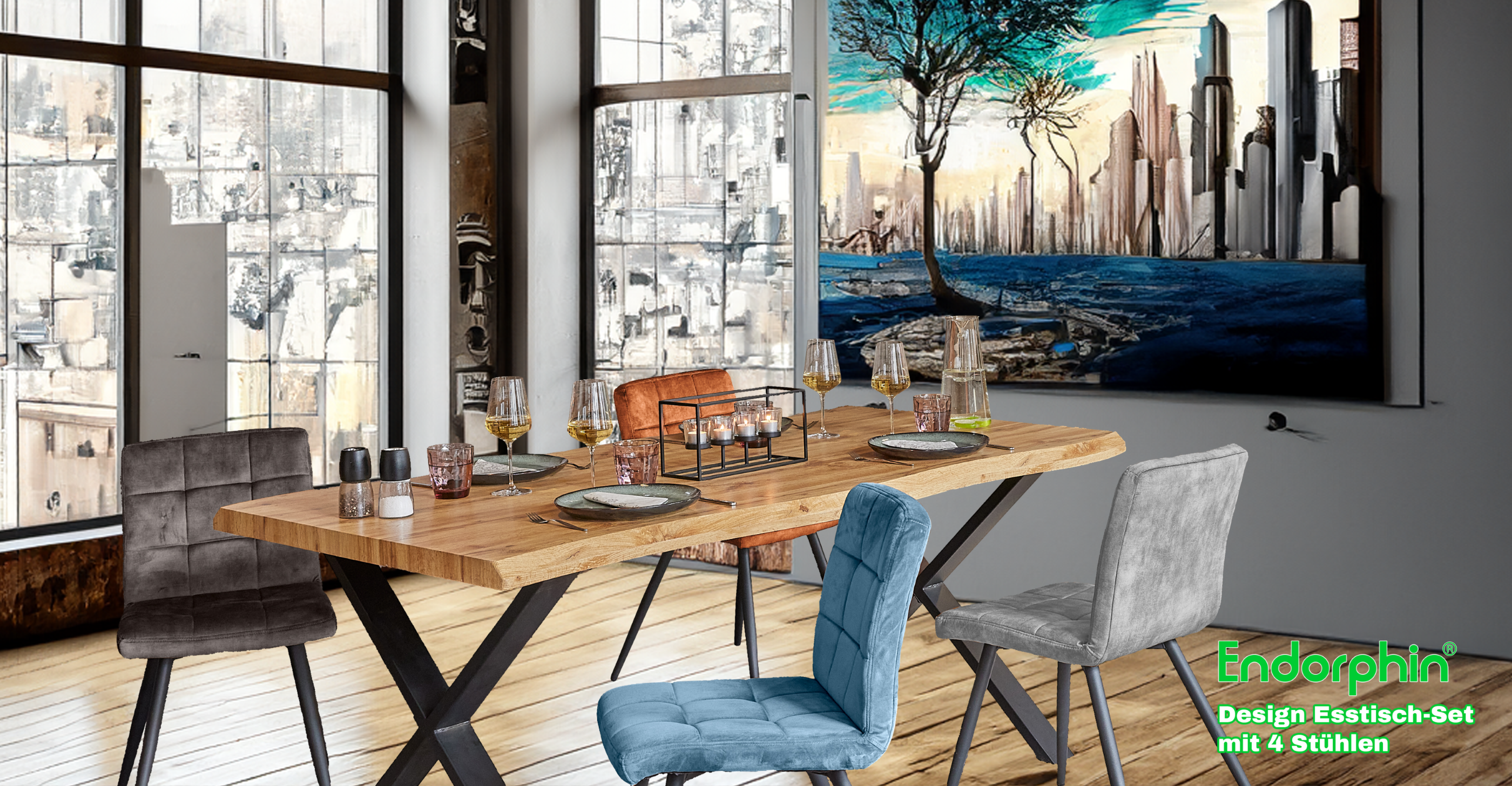 Endorphin Design Esstisch-Set mit 4 Stühlen