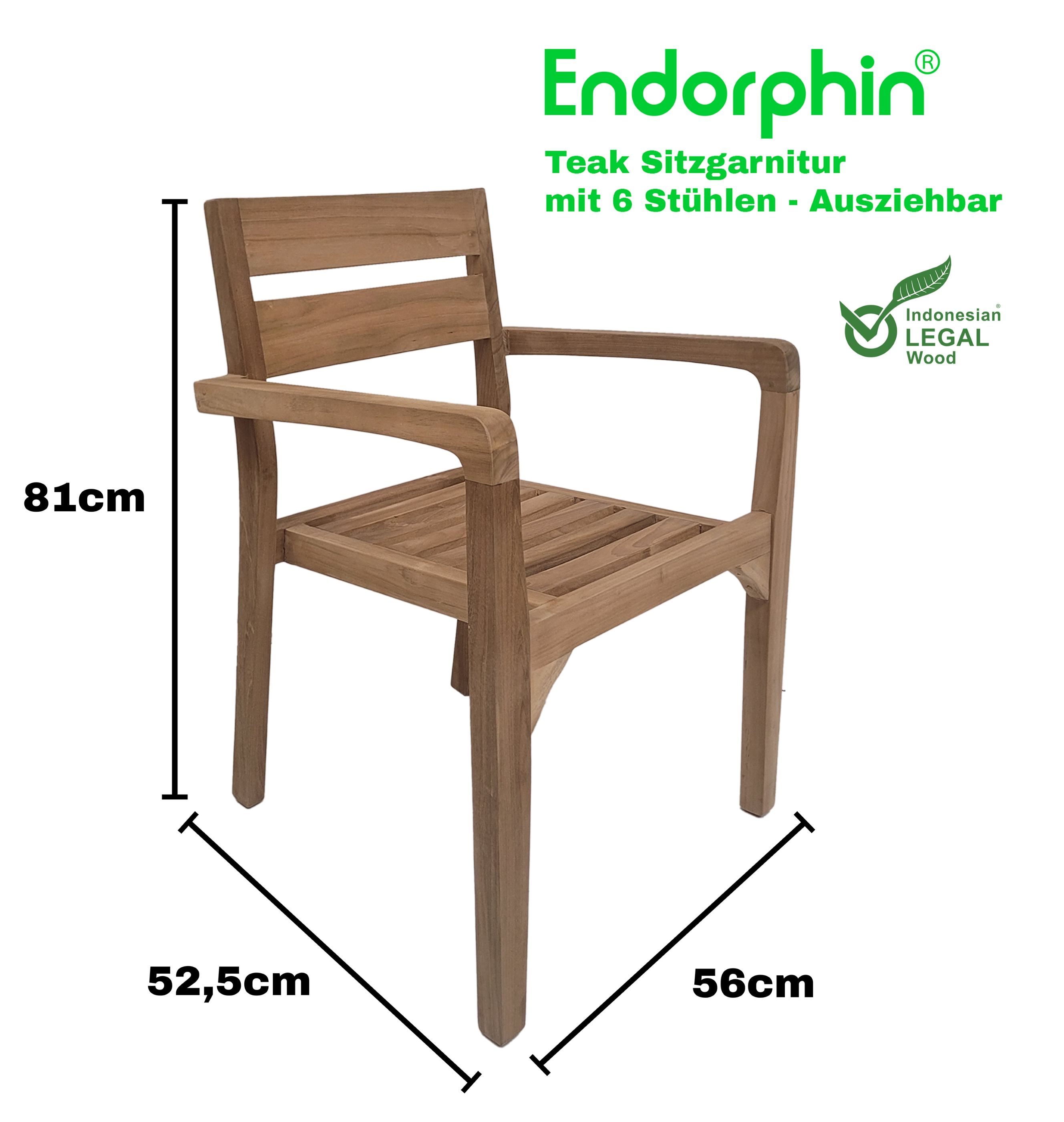 Endorphin Gartenmöbel Set 7tlg. Teakholz, Tisch oval 180cm, ausziehbar mit 6 Stühlen stapelbar