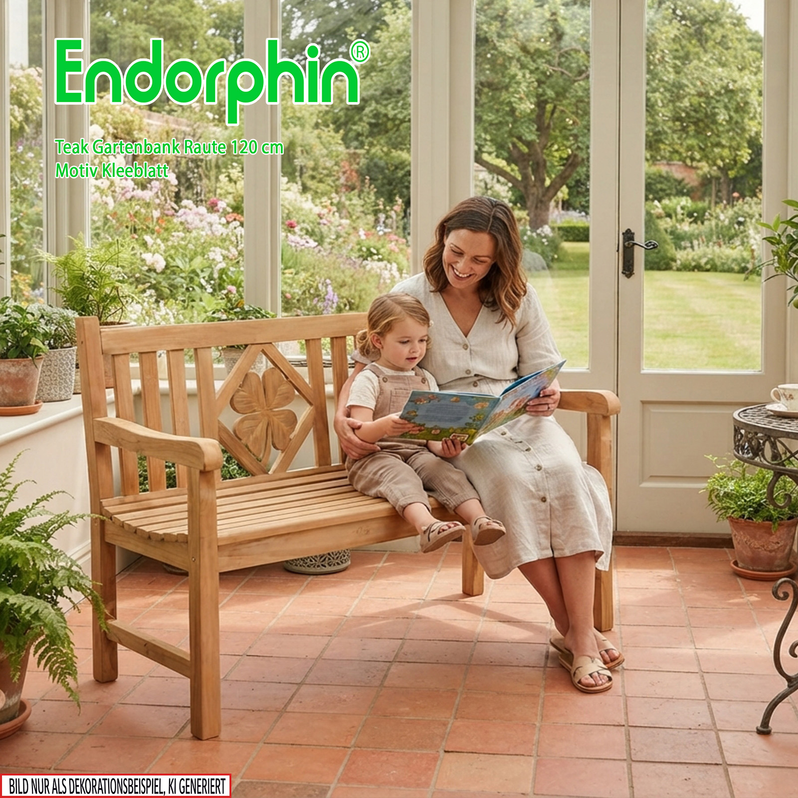 Endorphin Premium Teak Gartenbank 120 cm „Modell Raute“ mit Motiv Kleeblatt