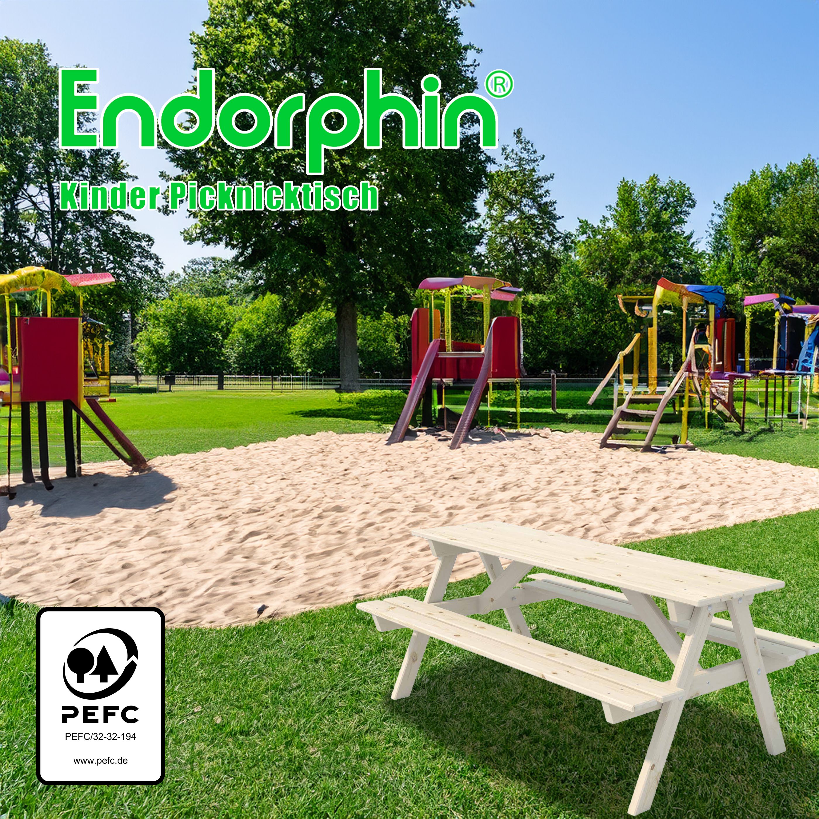 Endorphin Kinder Picknicktisch, kammergetrocknetes Kiefernholz, Picknickbank für Kinder, Kindermöbel für draußen, wetterfester Kindertisch, Gartenmöbel für Kinder, 117cm lang
