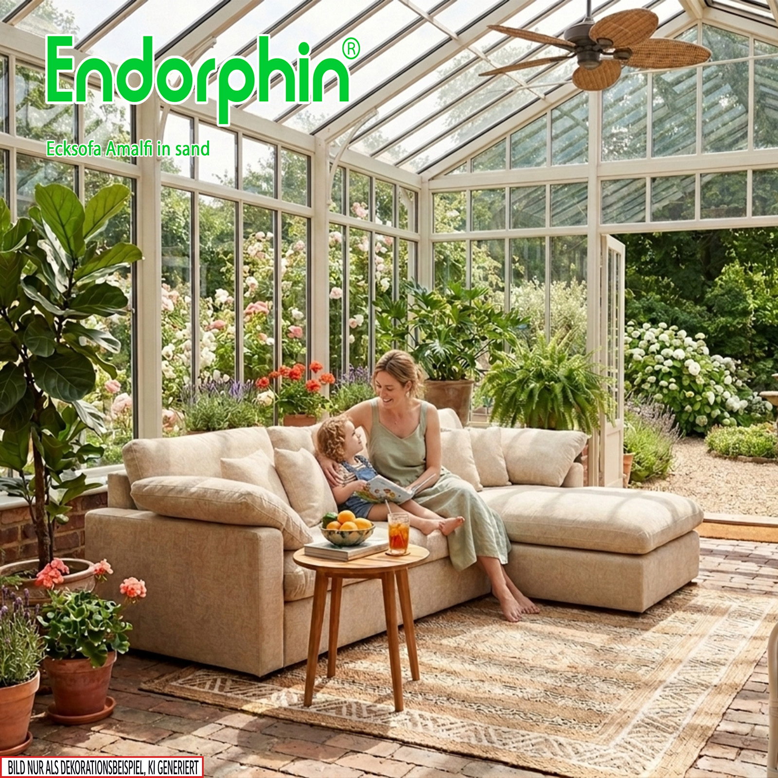 Endorphin Ecksofa Amalfi sand, Ottomane flexibel montierbar