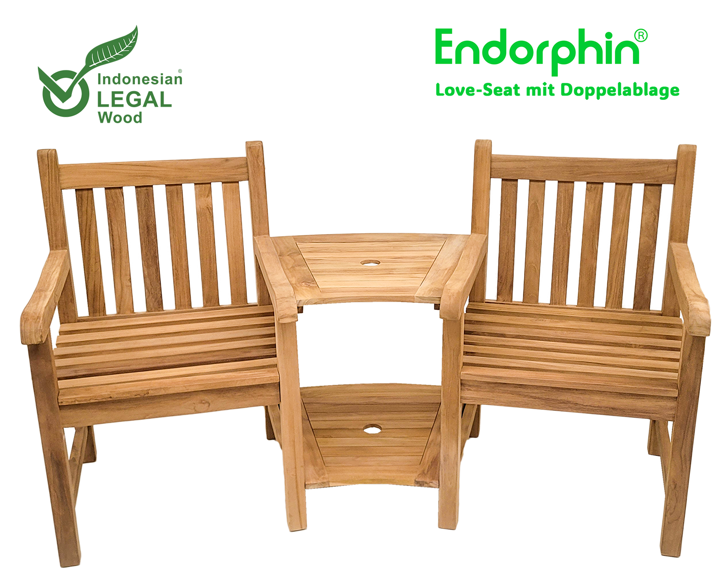 Endorphin Premium Teak Love-Seat mit Doppelablage und Schirmloch Gartenmöbel Sitzgarnitur 3tlg. Teak Feierabendbank 2 Sitzer aus nachhaltigem Teakholz Kaffeetisch