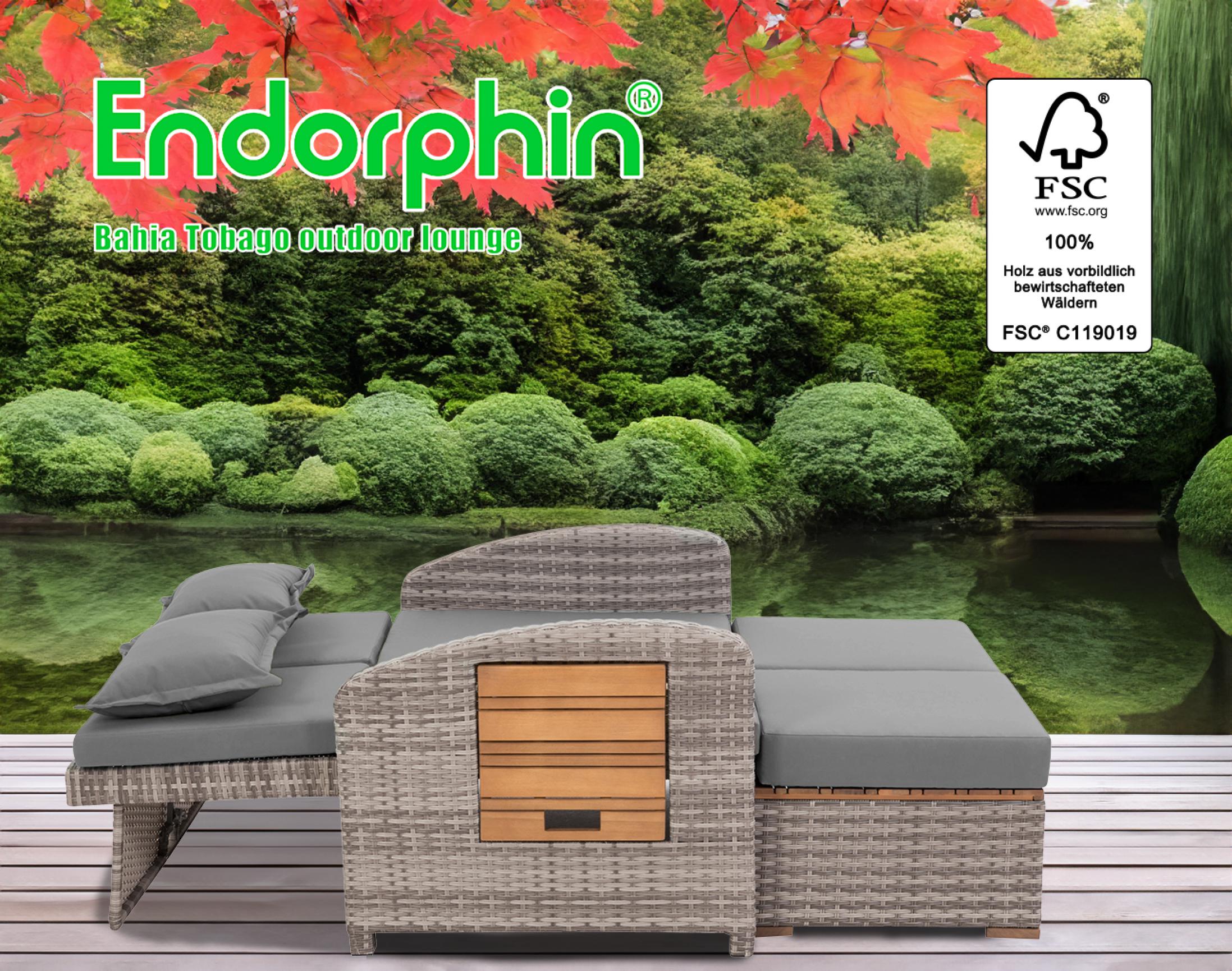 Endorphin Gartensofa Bahia Tobago mit Teakholzteilen, Gartenmöbel,  – Vielseitige Multifunktionsliege für Garten & Terrasse, outdoor lounge – garten lounge, 117 cm x 93 cm x 74 cm