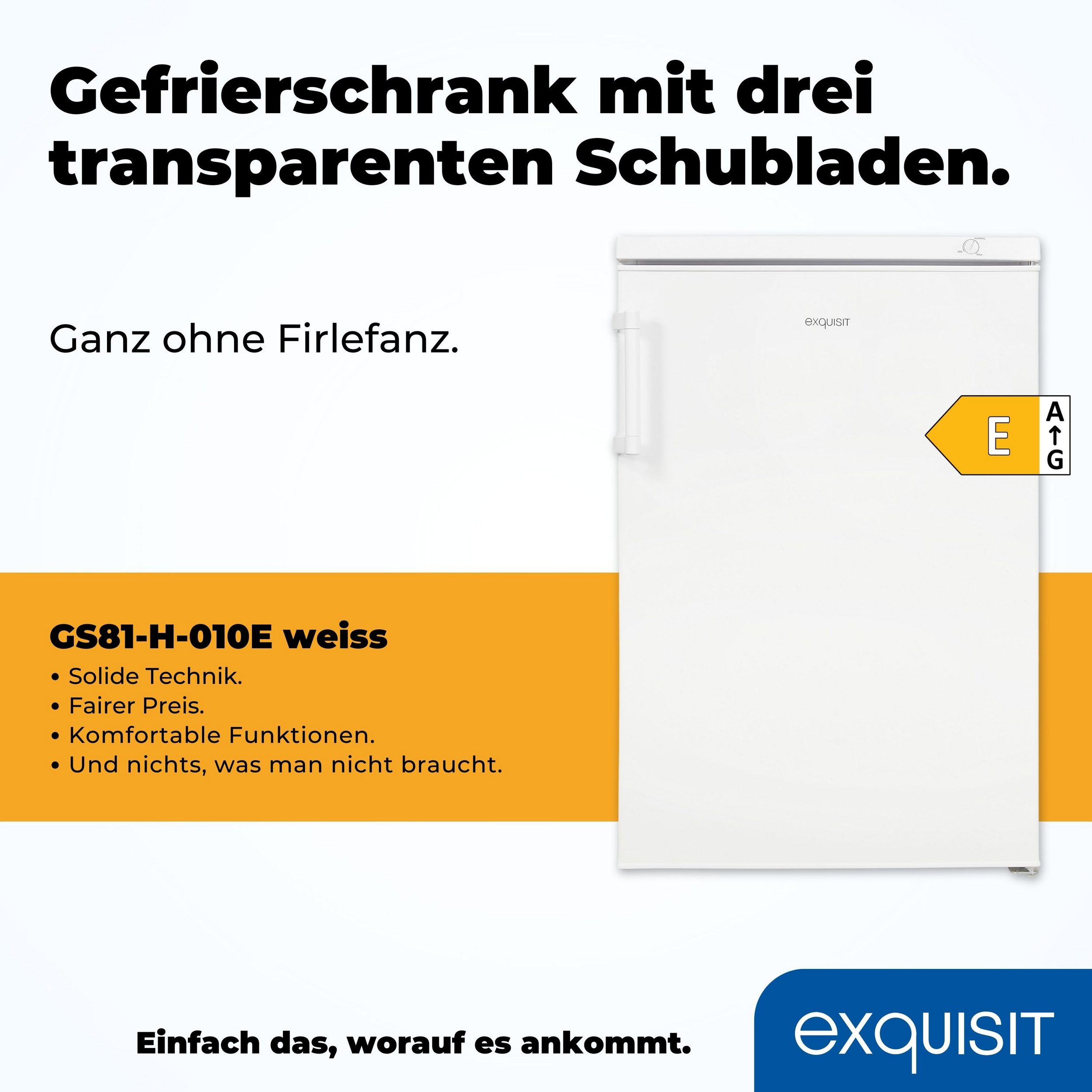 Exquisit GS81H-010E weiss, Gefrierschrank, 85L Nutzinhalt, EEK: E