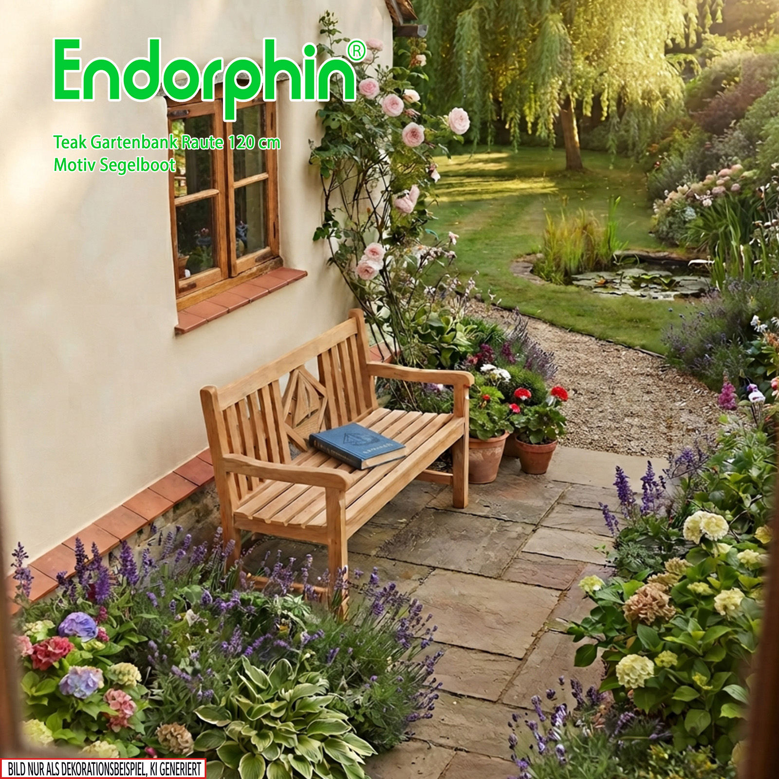 Endorphin Premium Teak Gartenbank 120 cm „Modell Raute“ mit Motiv Segelboot
