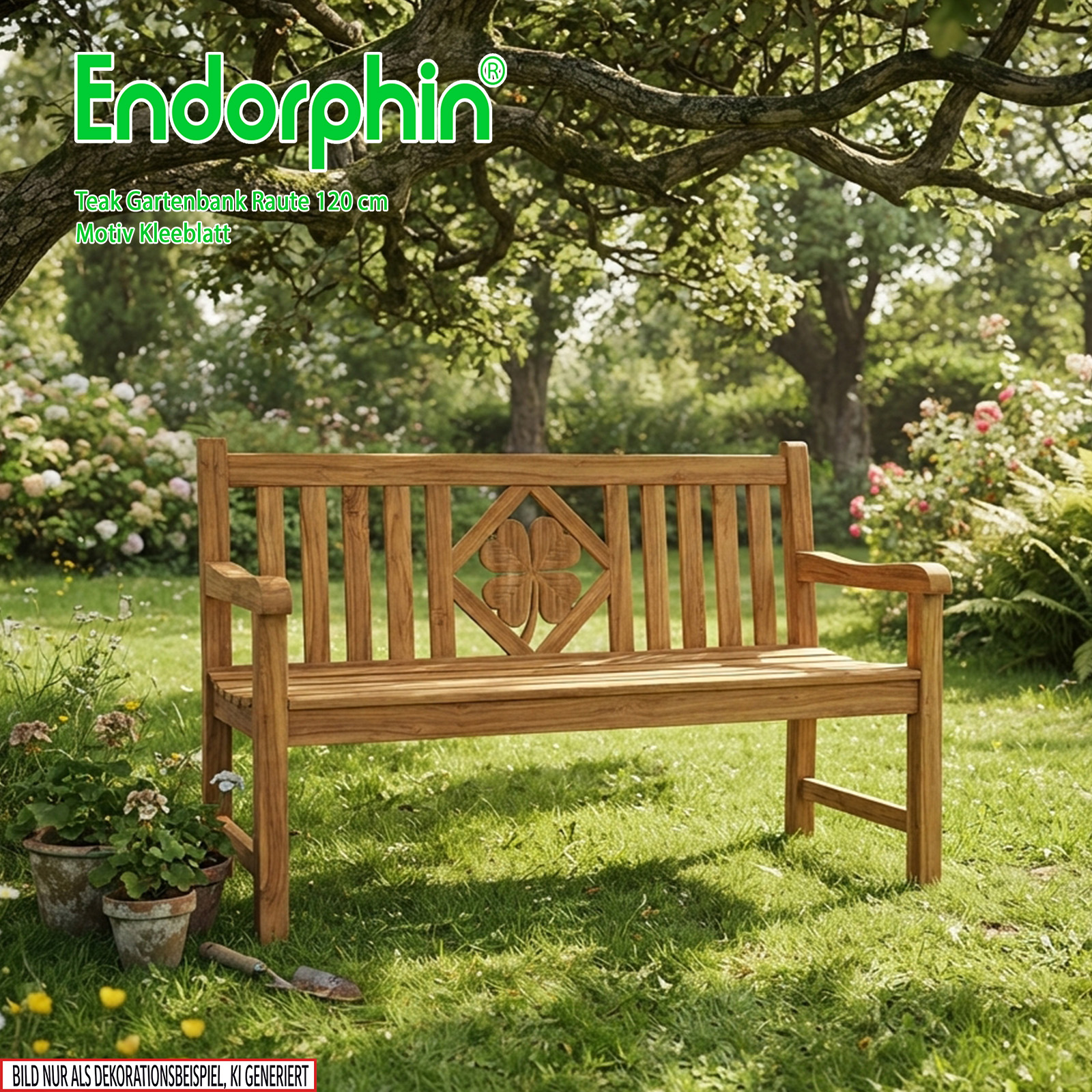 Endorphin Premium Teak Gartenbank 120 cm „Modell Raute“ mit Motiv Kleeblatt