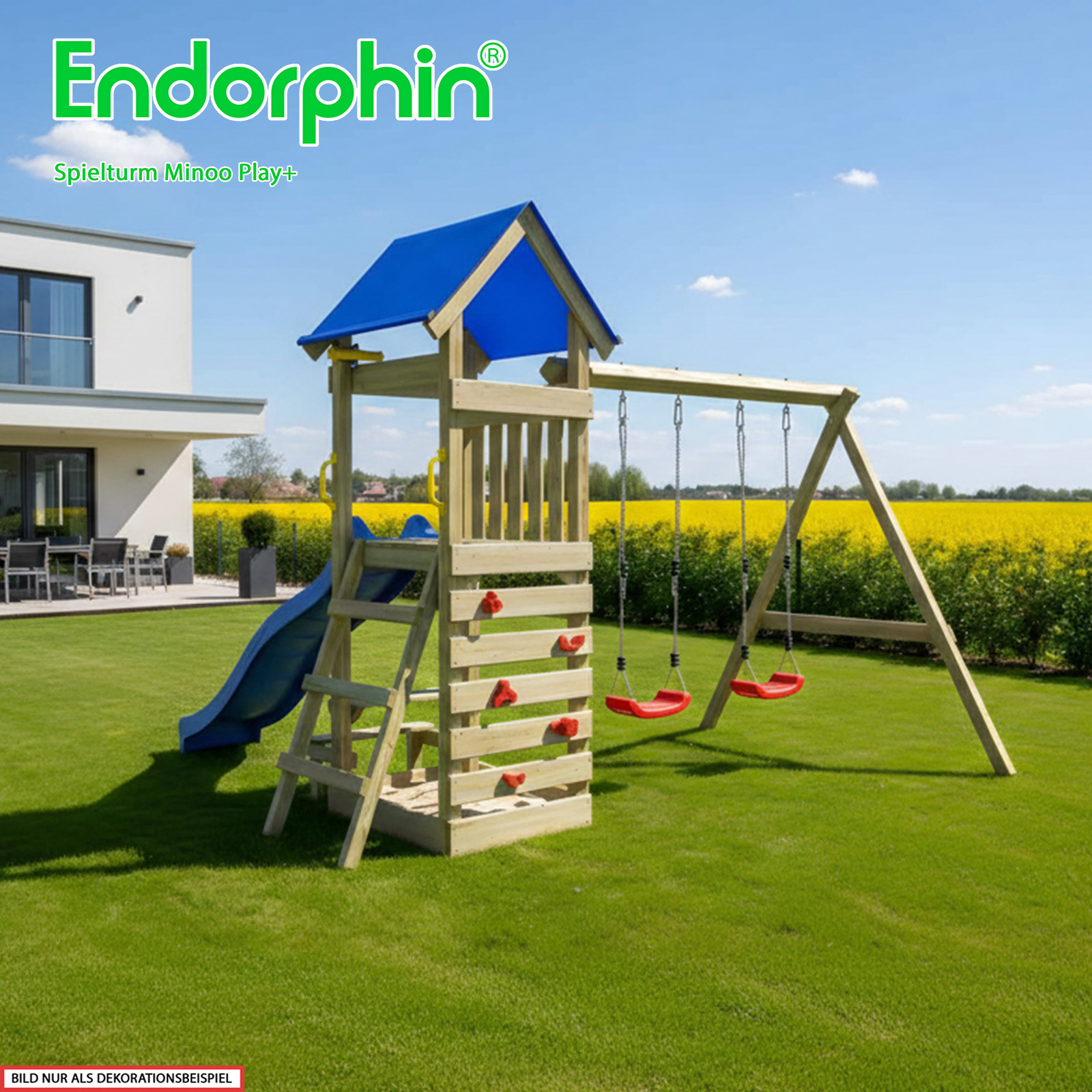 Endorphin Spielturm Minoo Play+ mit Dach Leiter Rutsche blau Schaukel Kletterwand Sandkasten Picknicktisch