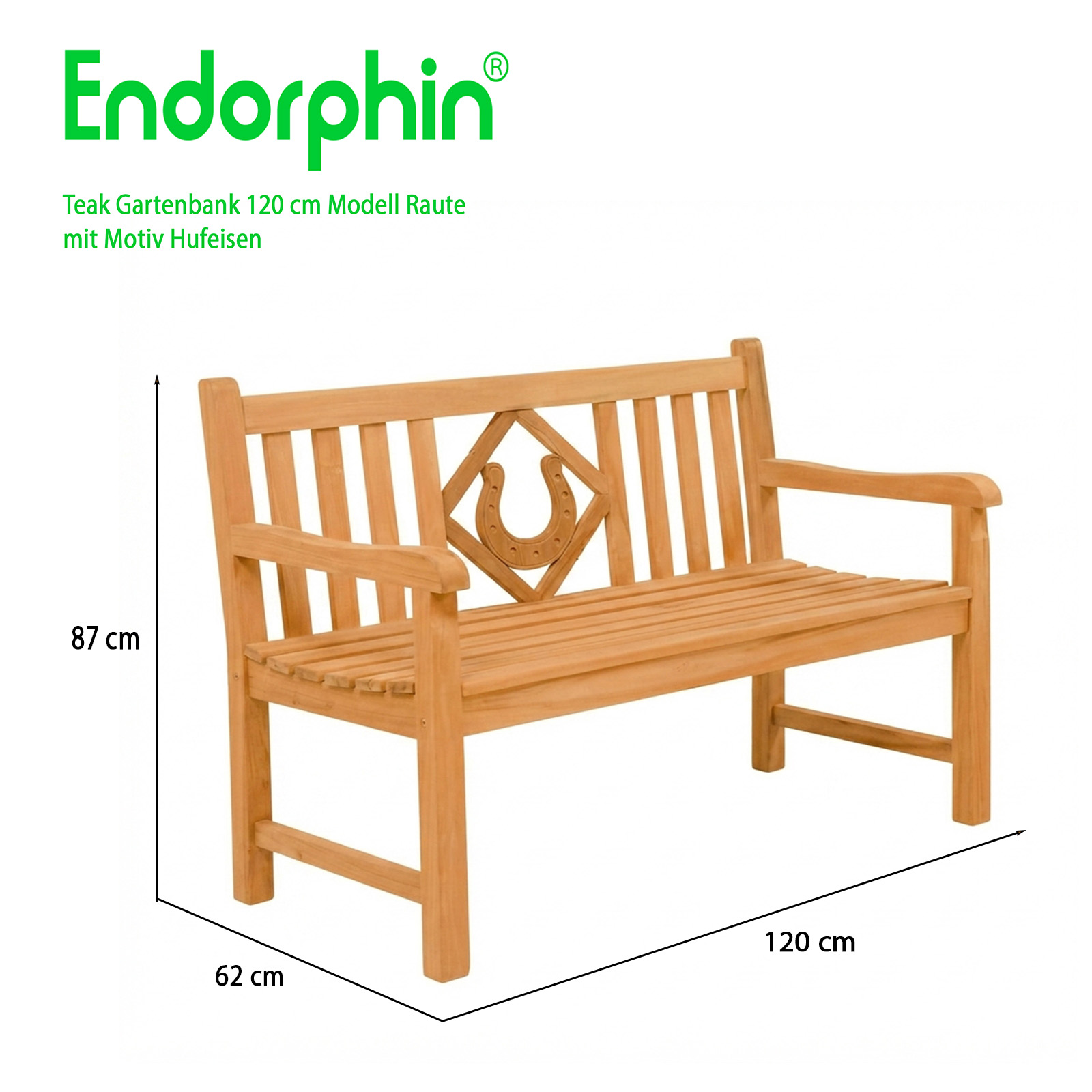 Endorphin Premium Teak Gartenbank 120 cm „Modell Raute“ mit Motiv Hufeisen
