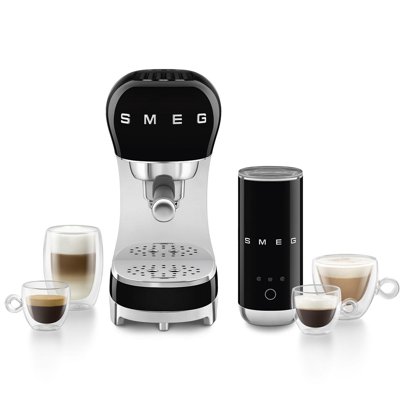 Smeg ECF12BLEU Bundle ECF00 + Milchaufschäumer MFF02 Schwarz 50`s Style