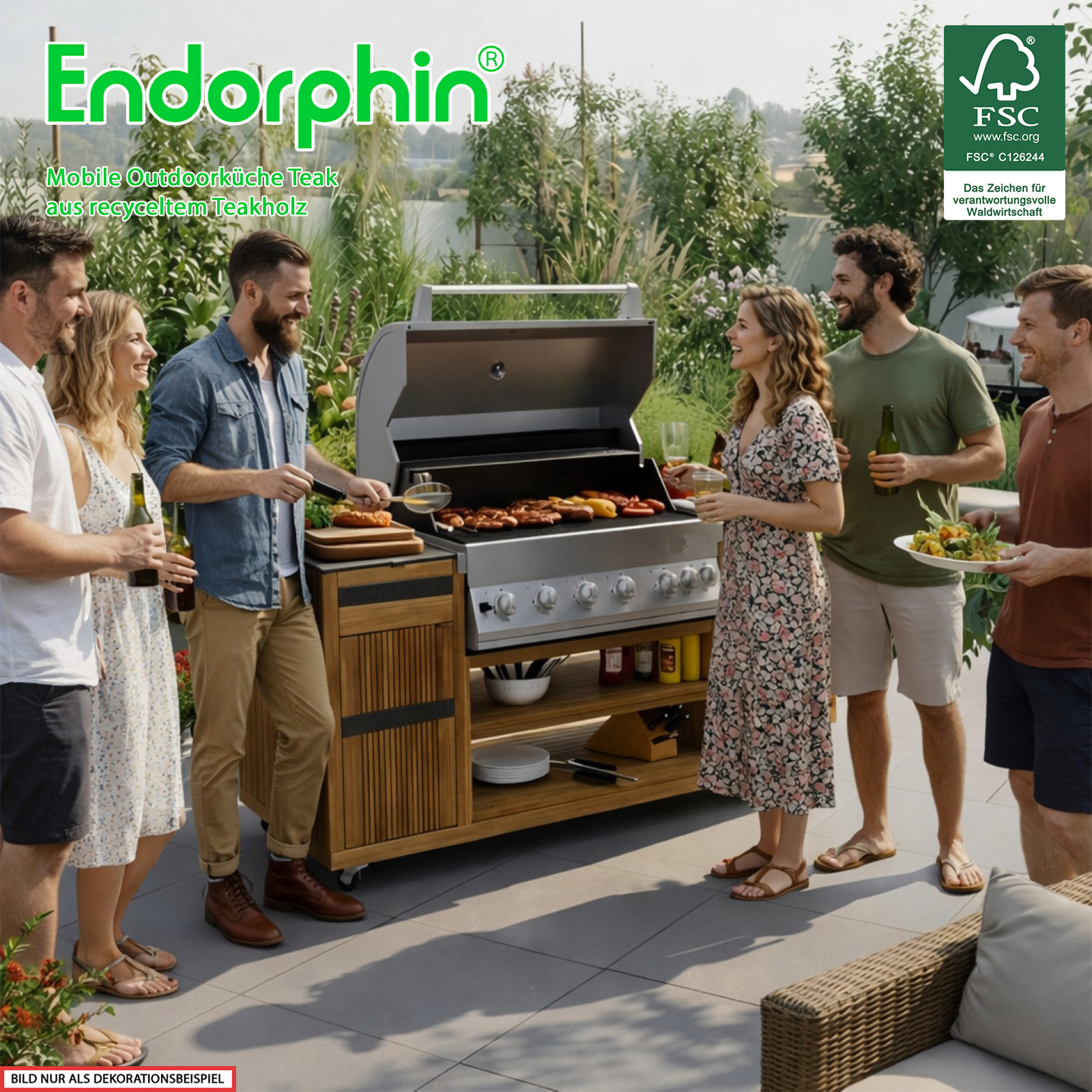 Endorphin Outdoorküche Teak inkl. Merlin 641 Built- in Gasgrill silber