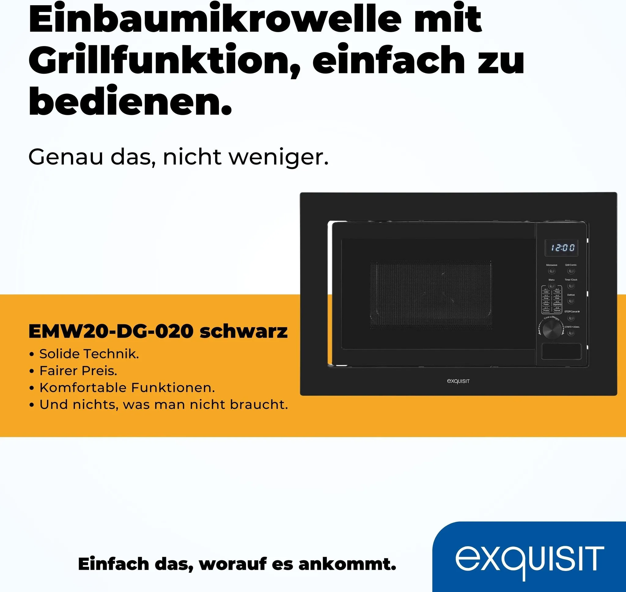 Exquisit EMW20-DG-020 Schwarz, Einbau-Mikrowelle, 20L, 800W