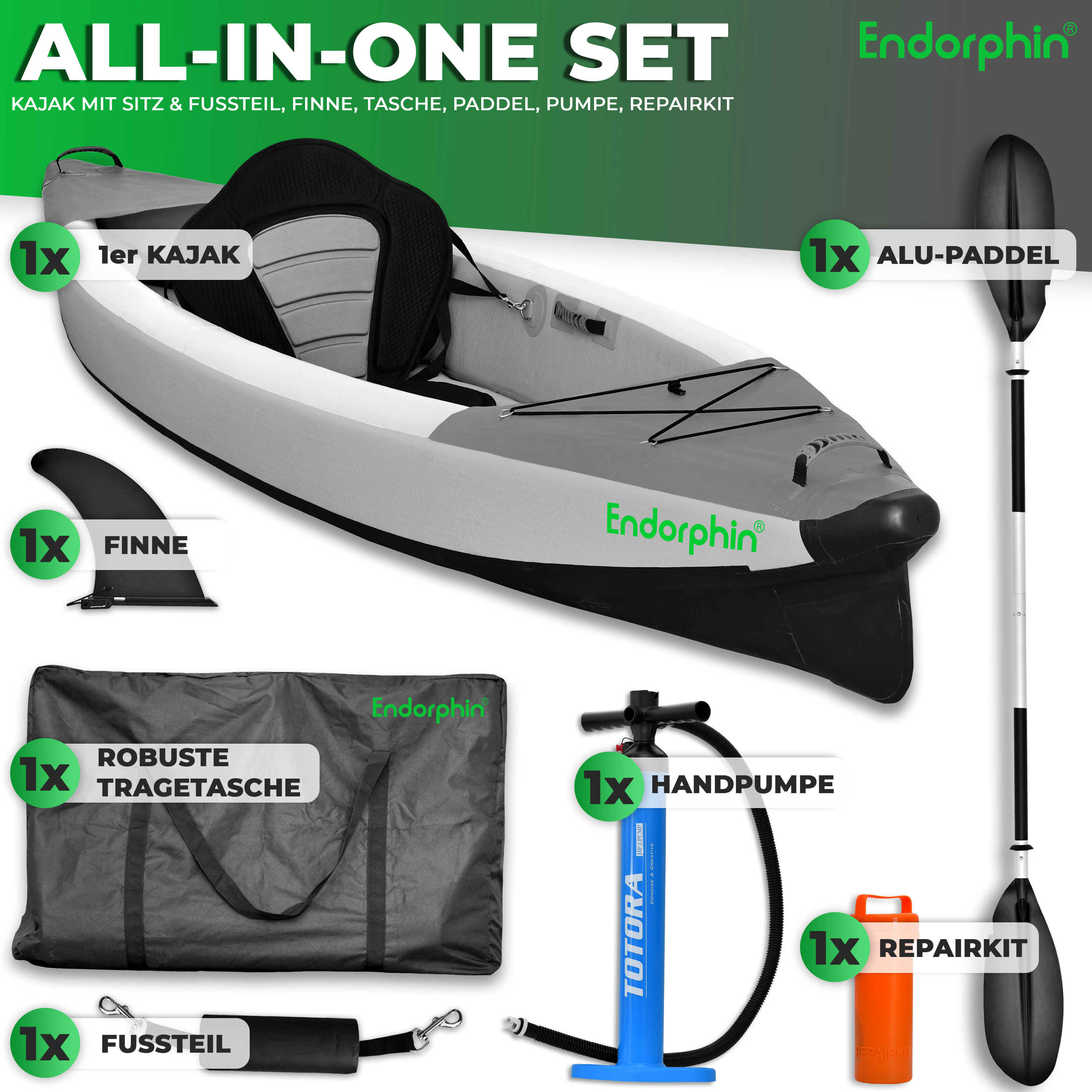 Endorphin Aufblasbares Drop Stitch Kajak für 1 Person als Komplettset