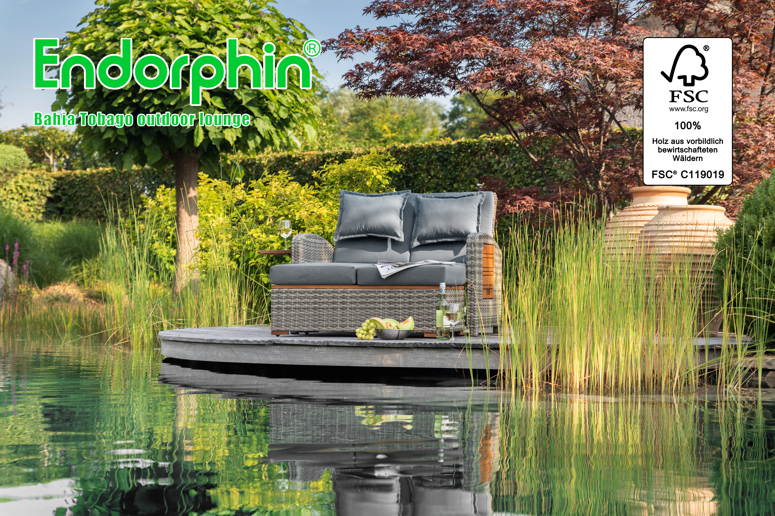Endorphin Gartensofa Bahia Tobago mit Teakholzteilen, Gartenmöbel,  – Vielseitige Multifunktionsliege für Garten & Terrasse, outdoor lounge – garten lounge, 117 cm x 93 cm x 74 cm