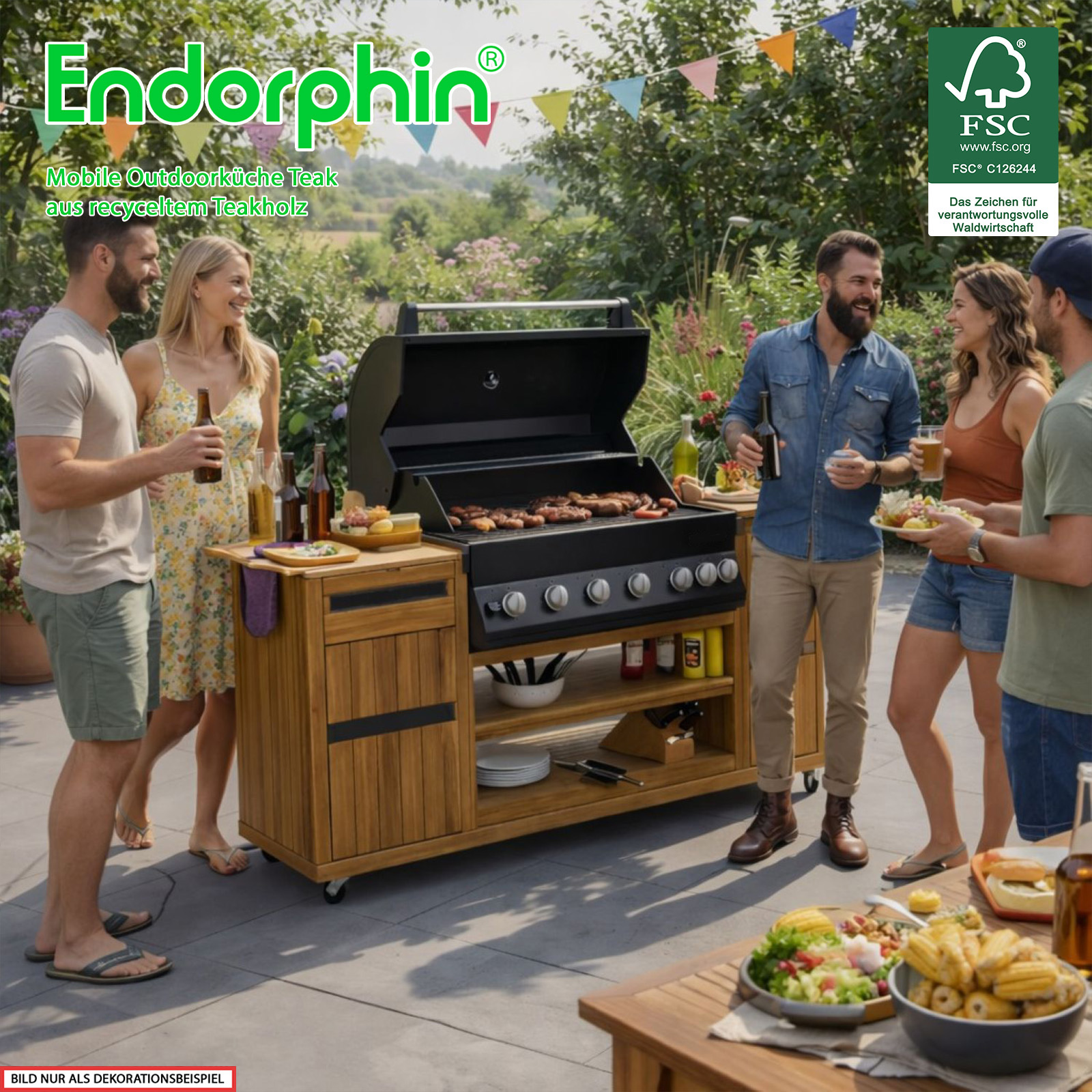 Endorphin Outdoorküche Teak inkl. Merlin 641 Built- in Gasgrill schwarz