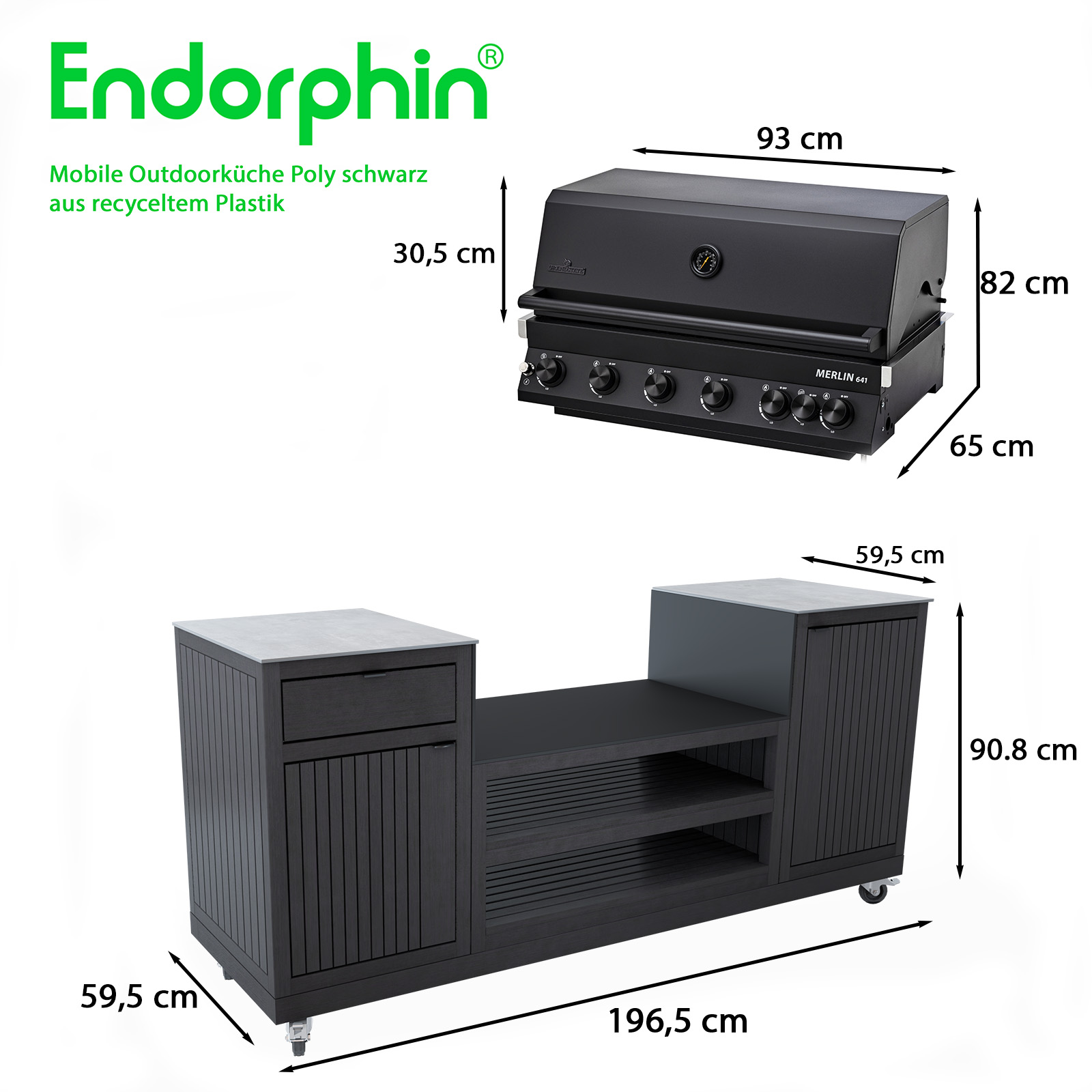 Endorphin Poly-Outdoorküche Schwarz inkl. Merlin 641 Gasgrill schwarz