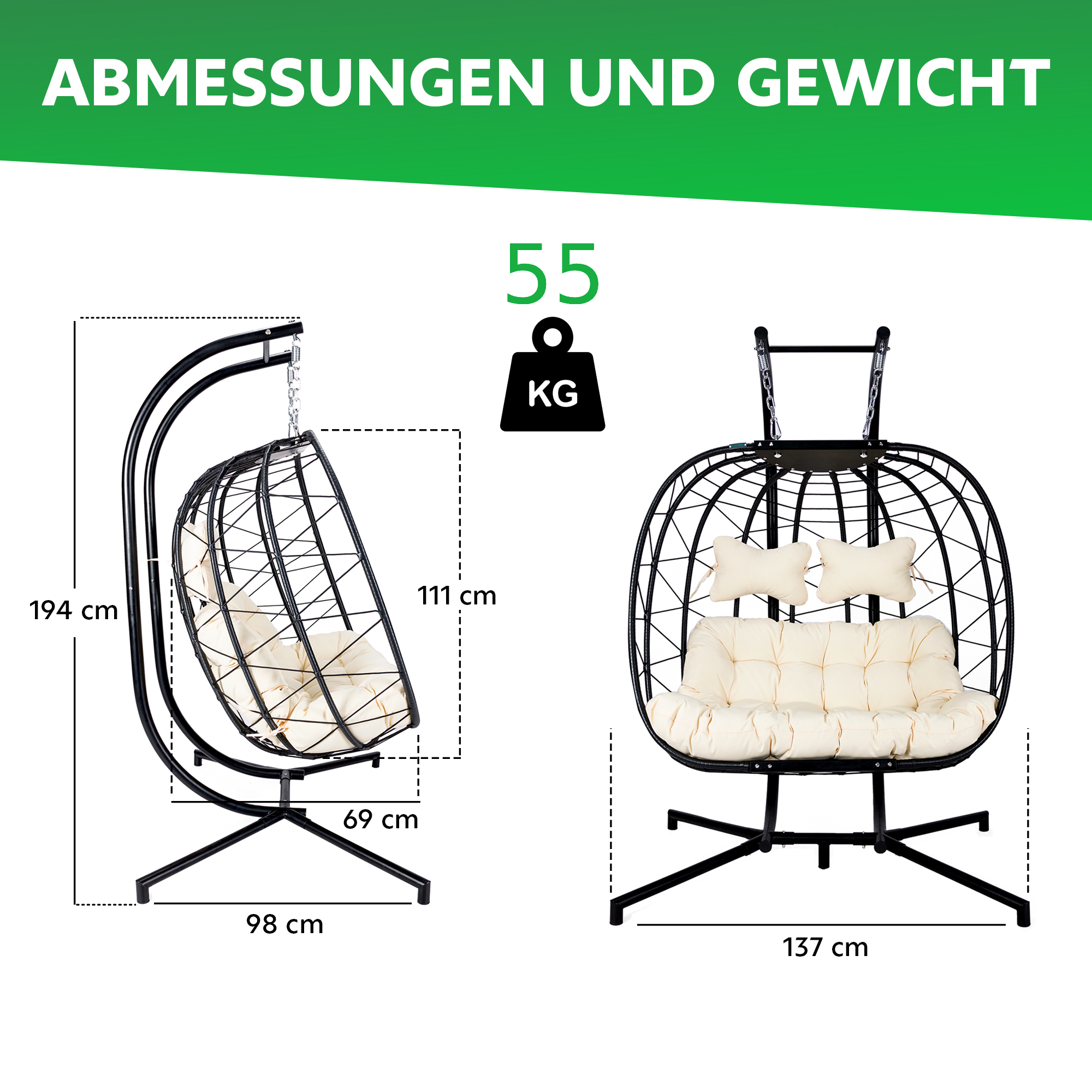 Endorphin Hängesessel Twin mit Gestell & weichem Kissen für 2 Personen