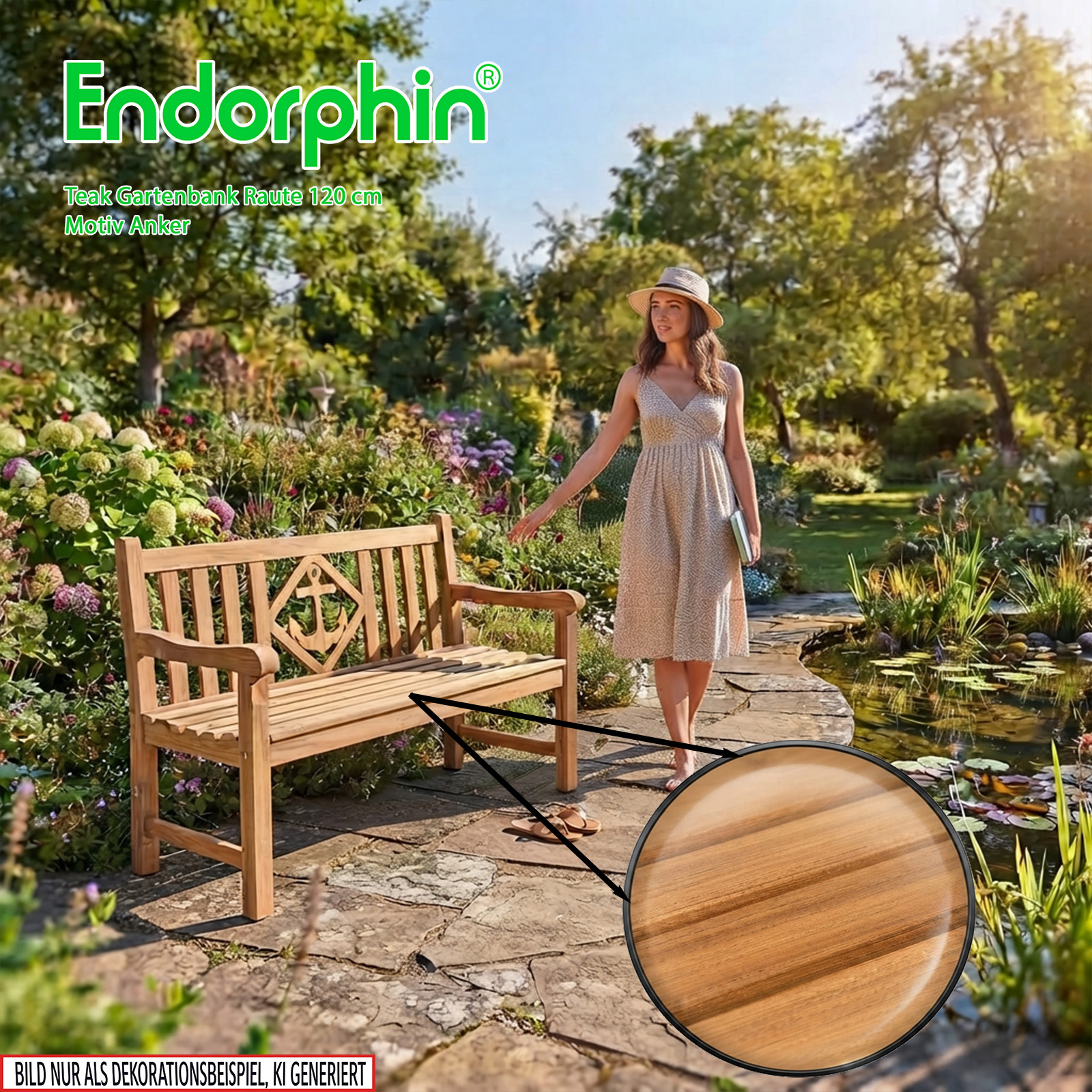 Endorphin Premium Teak Gartenbank 120 cm „Modell Raute“ mit Motiv Anker