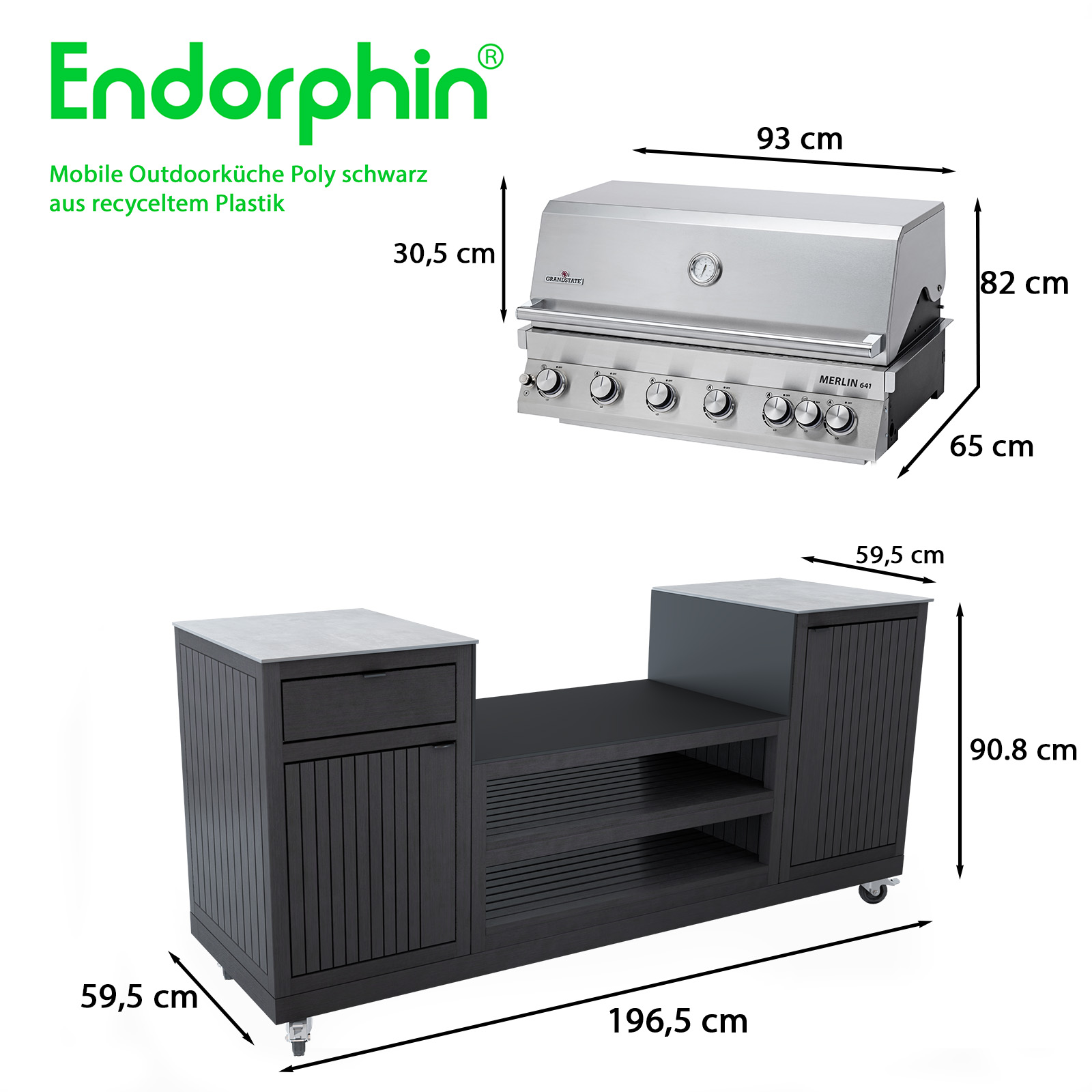 Endorphin Poly Outdoorküche schwarz, inkl Merlin 641 Gasgrill, silber