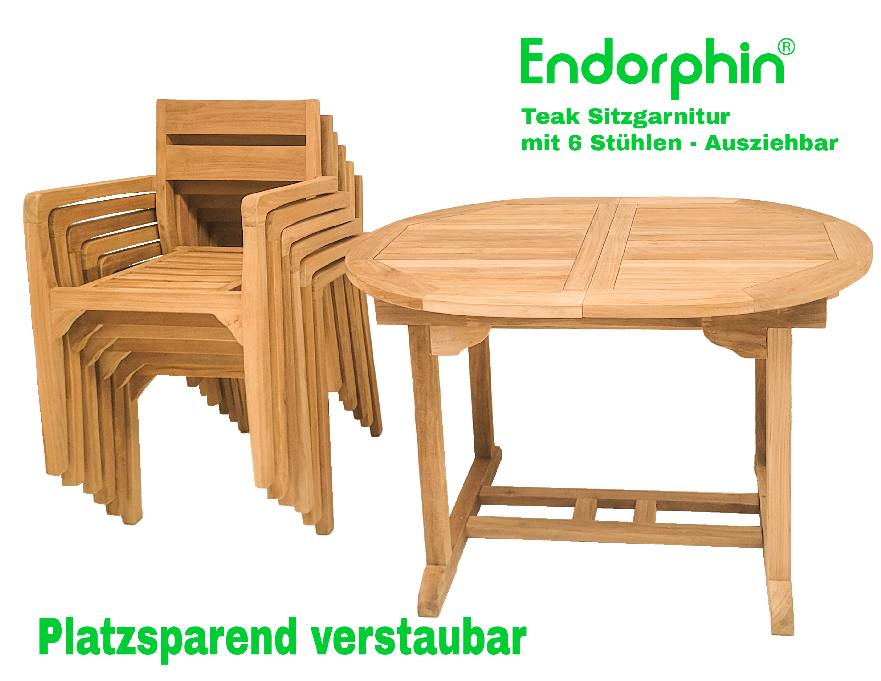 Endorphin Gartenmöbel Set 7tlg. Teakholz, Tisch oval 180cm, ausziehbar mit 6 Stühlen stapelbar