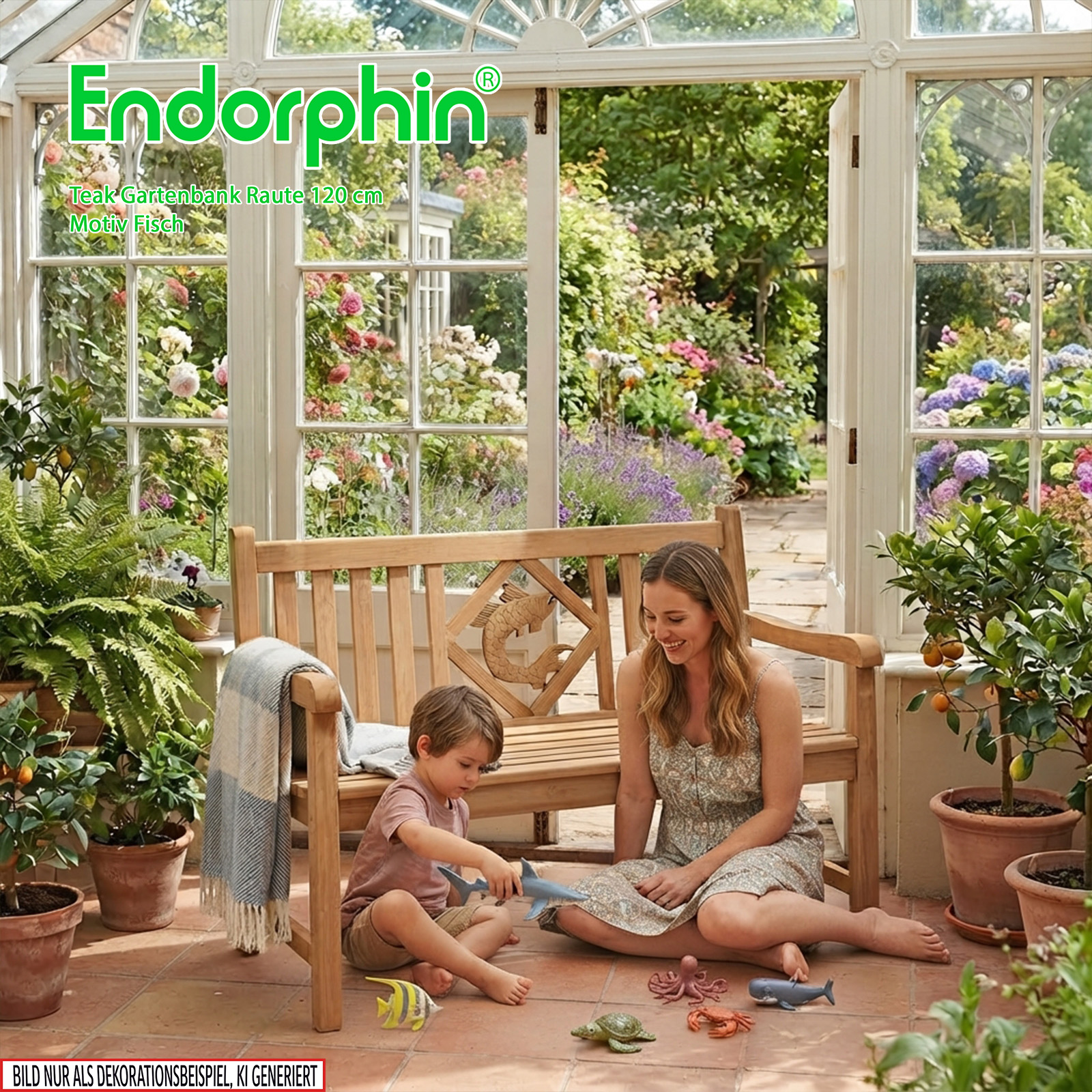 Endorphin Premium Teak Gartenbank 120 cm „Modell Raute“ mit Motiv Fisch