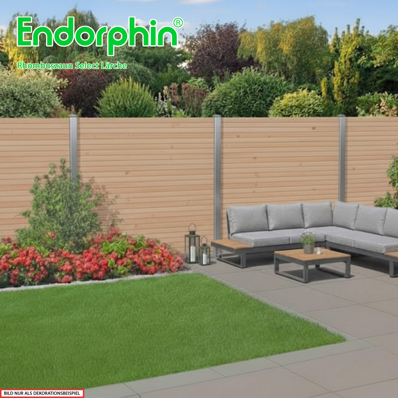 Endorphin Select-Rhombuszaun Lärche 3 Elemente 180x180cm 4 silberne Pfosten 7x7x235cm