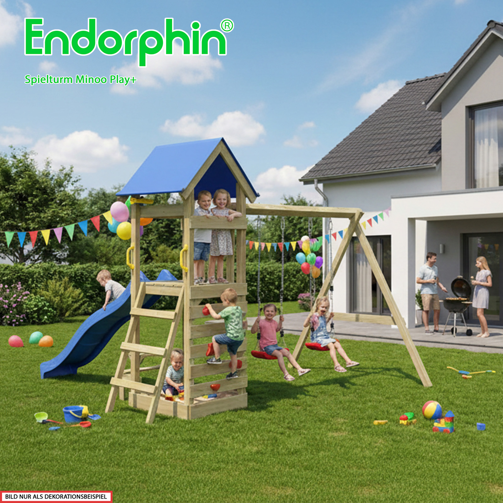 Endorphin Spielturm Minoo Play+ mit Dach Leiter Rutsche blau Schaukel Kletterwand Sandkasten Picknicktisch