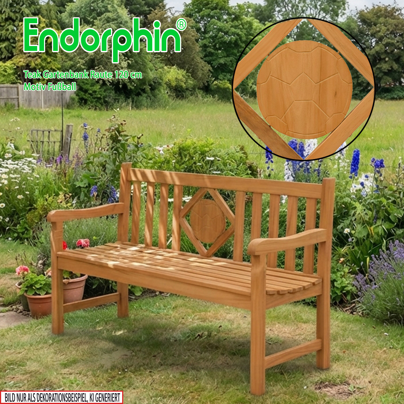 Endorphin Premium Teak Gartenbank 120 cm „Modell Raute“ mit Motiv Fußball