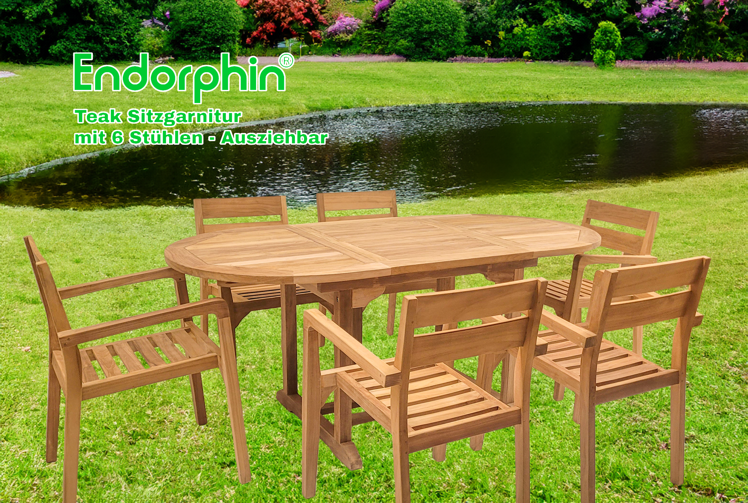 Endorphin Gartenmöbel Set 7tlg. Teakholz, Tisch oval 180cm, ausziehbar mit 6 Stühlen stapelbar