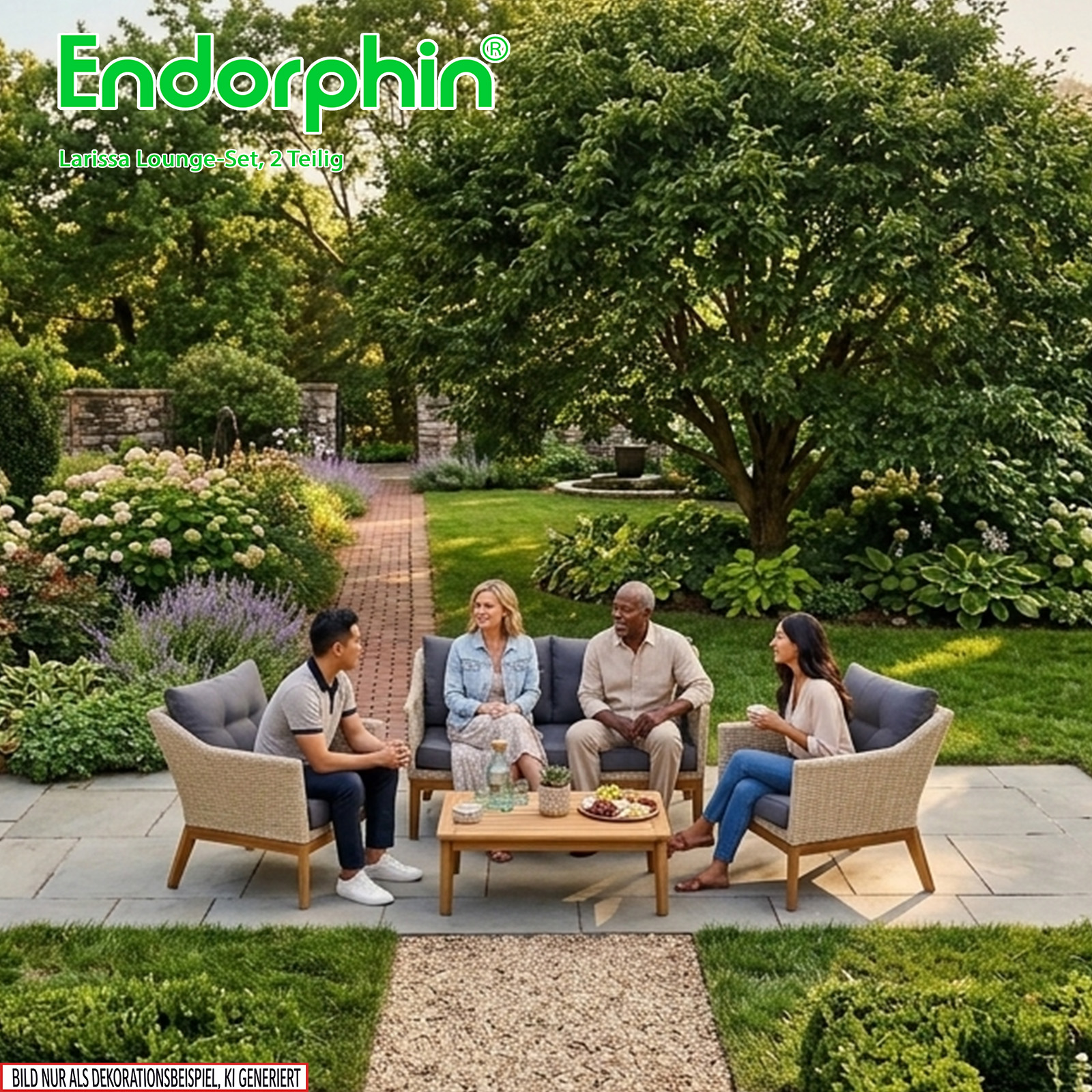 Endorphin Larissa Lounge-Set 2 tlg. 1 Sofa 1 Tisch Polyrattan Akazie im teakholz look Gartenmöbel
