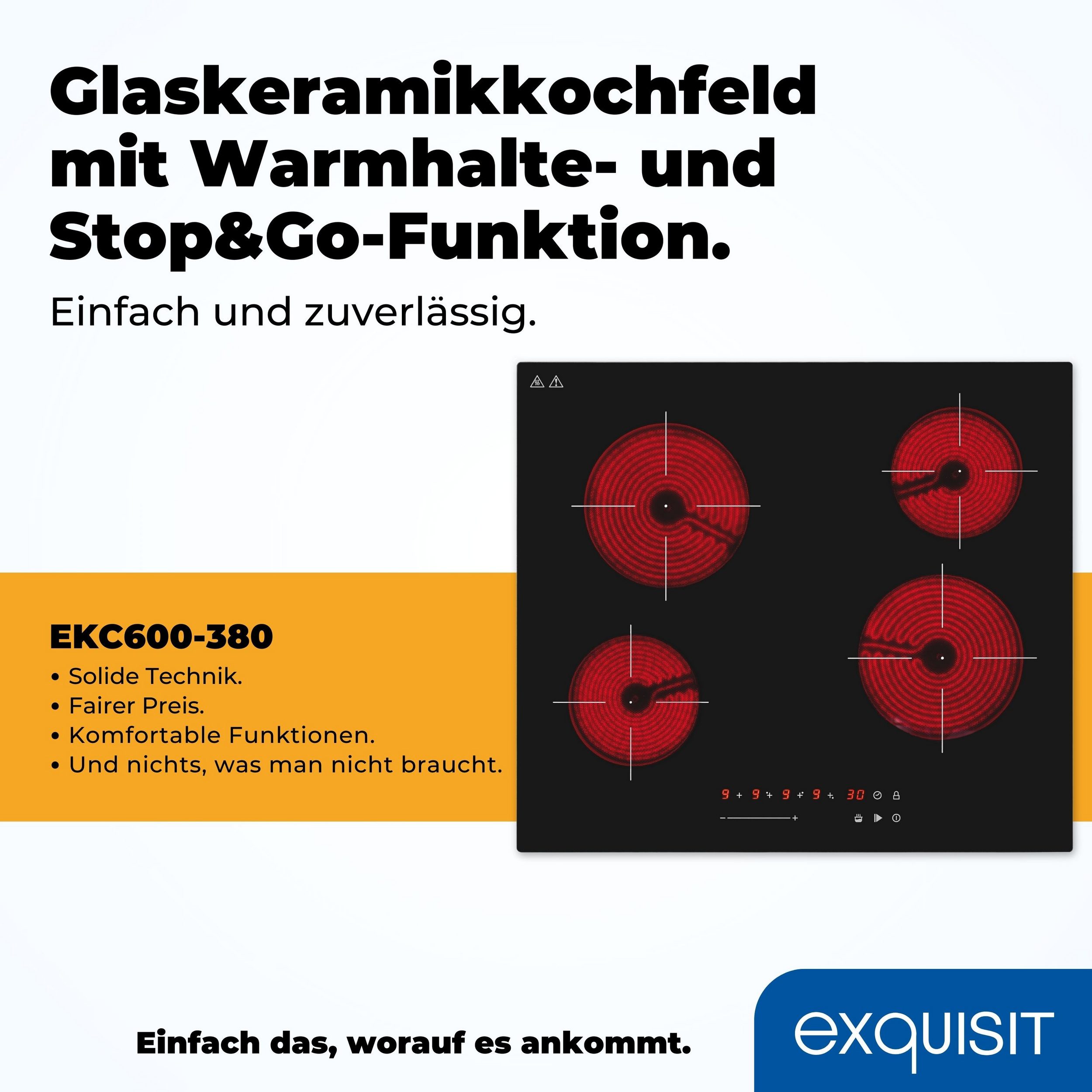 Exquisit EKC600-380 Autarkes Glaskeramikkochfeld, 59cm breit, TouchControl, 4 Kochstellen