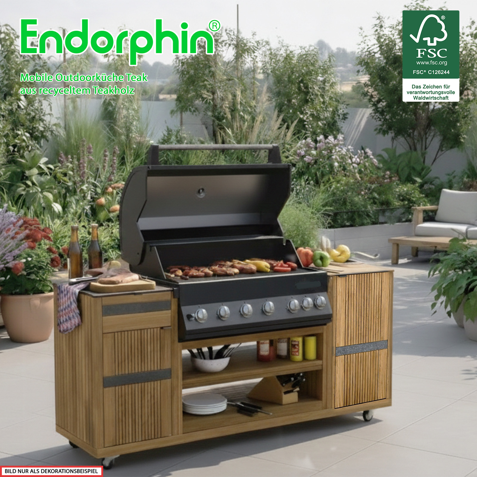 Endorphin Outdoorküche Teak inkl. Merlin 641 Built- in Gasgrill schwarz
