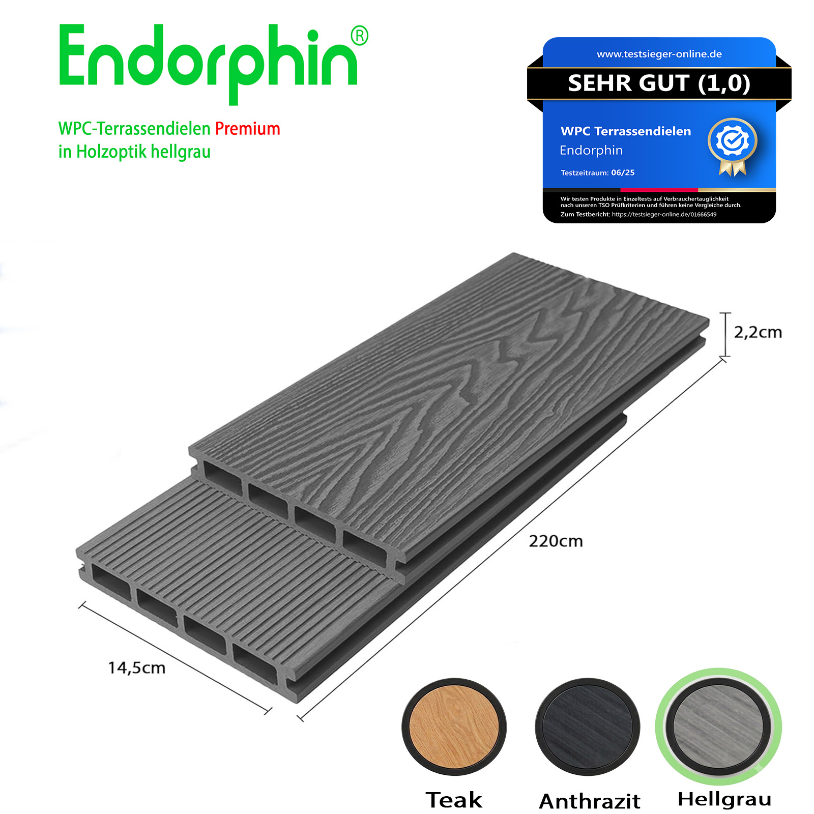 Endorphin 10m² Premium WPC Terrassendielen in Holzoptik–Farbe: grau