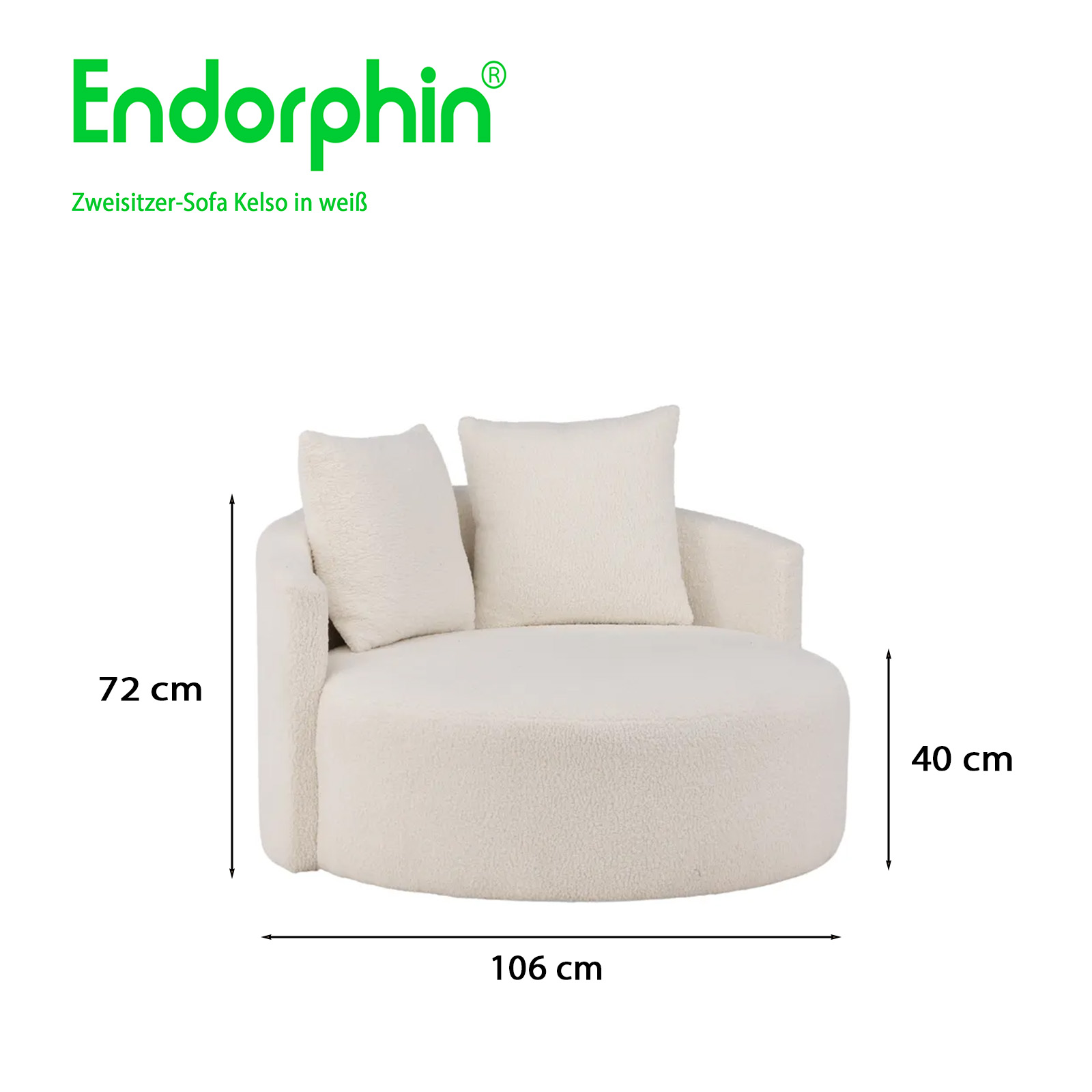 Endorphin 2er Sofa Kelso – in weiß, Exklusives Designer-Sofa mit Teddy-Bezug