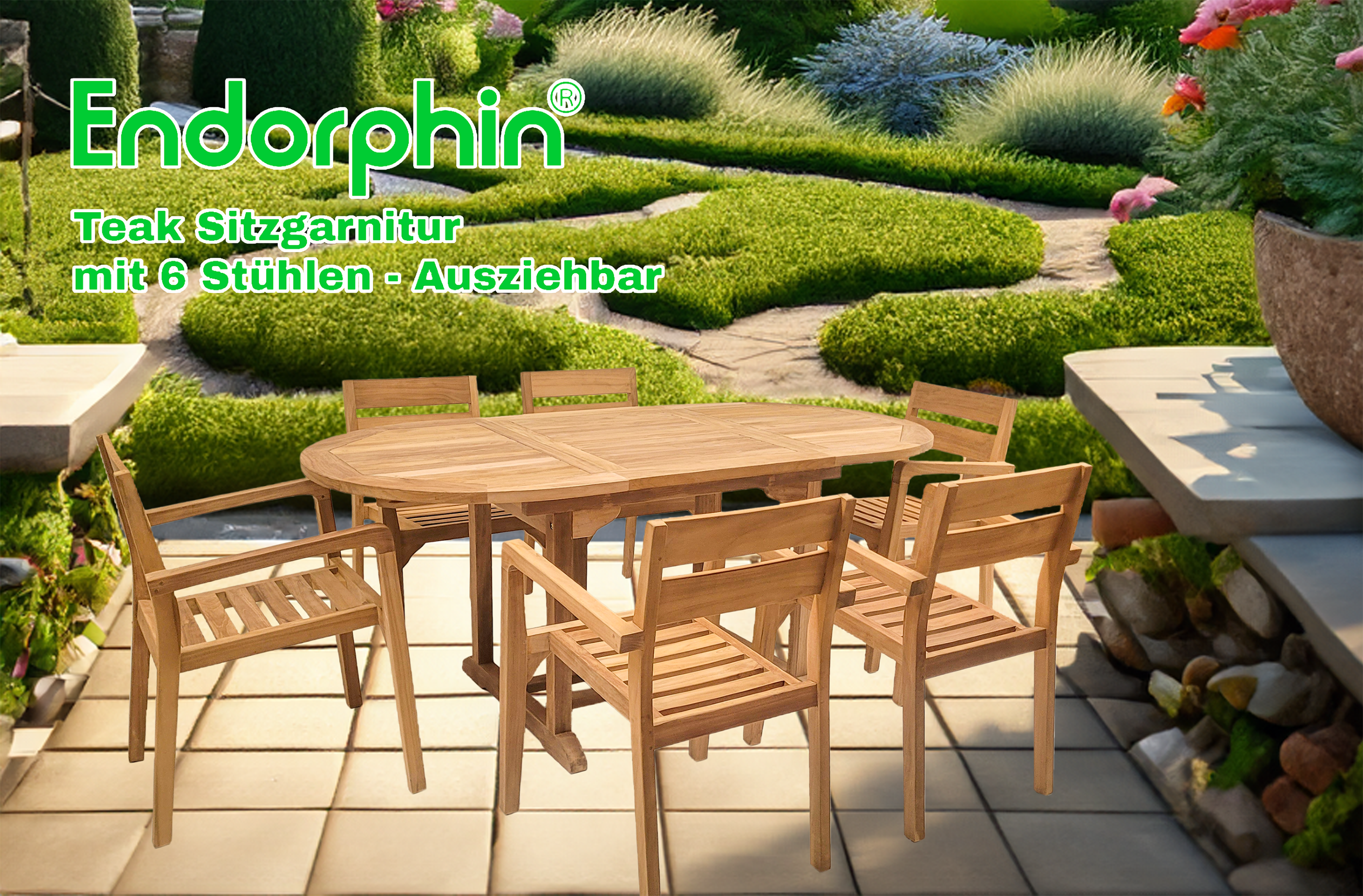 Endorphin Gartenmöbel Set 7tlg. Teakholz, Tisch oval 180cm, ausziehbar mit 6 Stühlen stapelbar