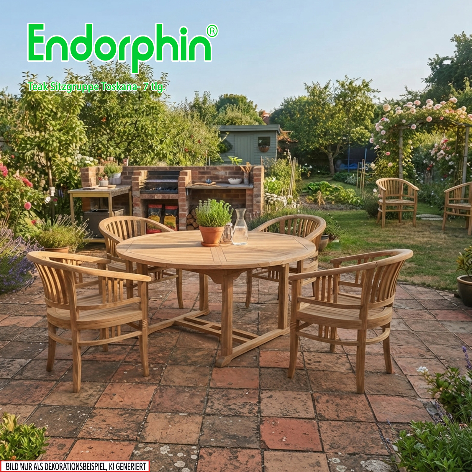 Endorphin Toskana Gartenmöbel Set 7tlg. Teakholz, Tisch oval, ausziehbar mit 6 Stühlen stapelbar