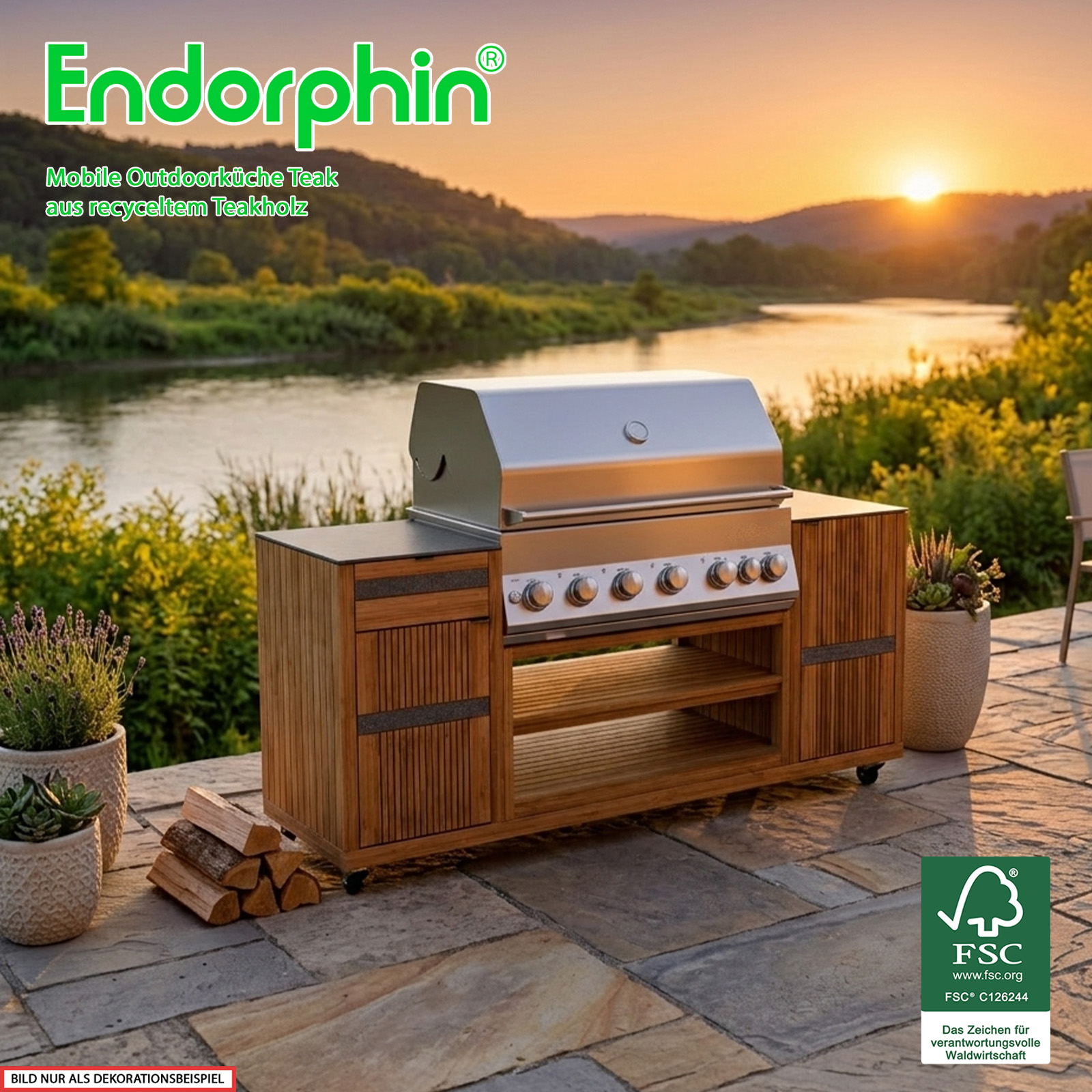 Endorphin Outdoorküche Teak inkl. Merlin 641 Built- in Gasgrill silber