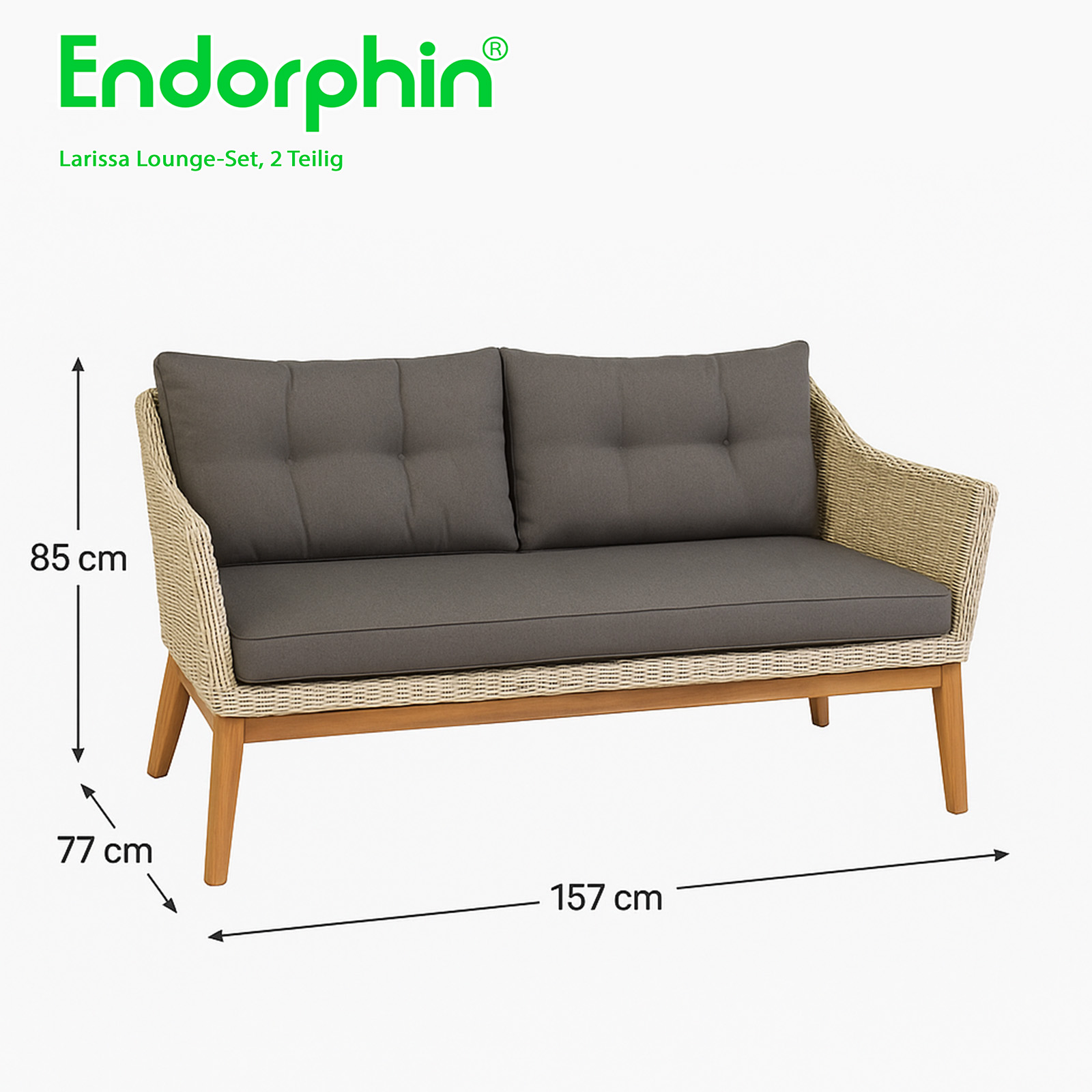 Endorphin Larissa Lounge-Set 2 tlg. 1 Sofa 1 Tisch Polyrattan Akazie im teakholz look Gartenmöbel