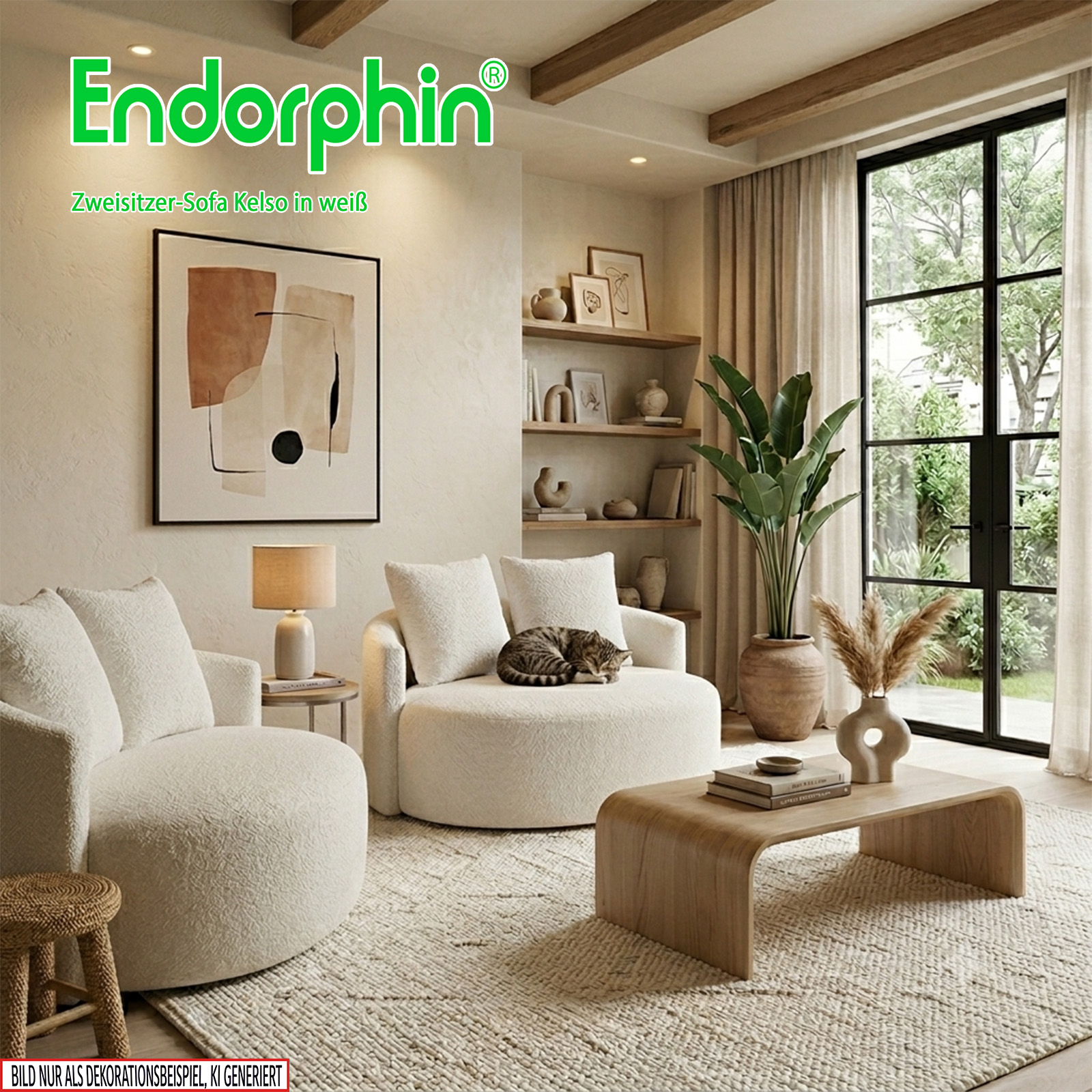 Endorphin 2er Sofa Kelso – in weiß, Exklusives Designer-Sofa mit Teddy-Bezug