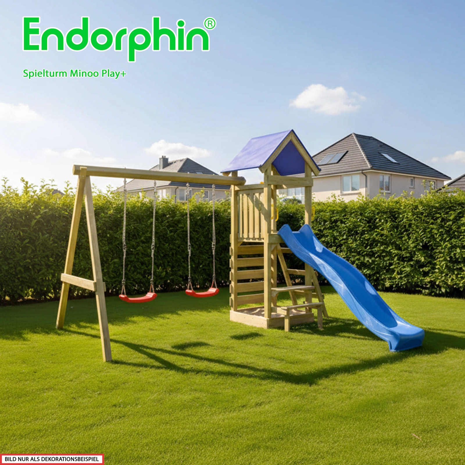 Endorphin Spielturm Minoo Play+ mit Dach Leiter Rutsche blau Schaukel Kletterwand Sandkasten Picknicktisch