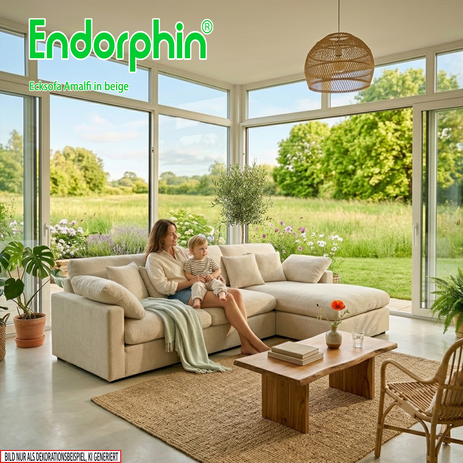 Endorphin Ecksofa Amalfi Beige, Ottomane flexibel montierbar