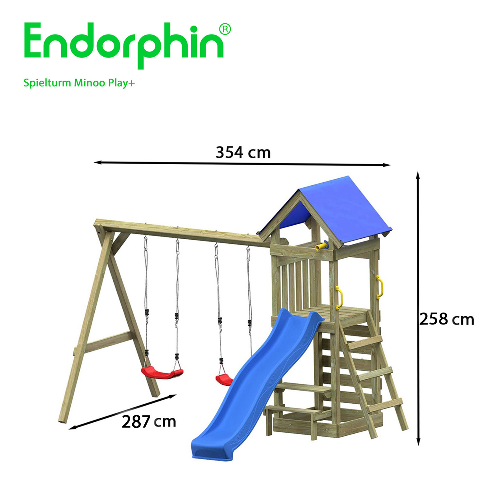 Endorphin Spielturm Minoo Play+ mit Dach Leiter Rutsche blau Schaukel Kletterwand Sandkasten Picknicktisch