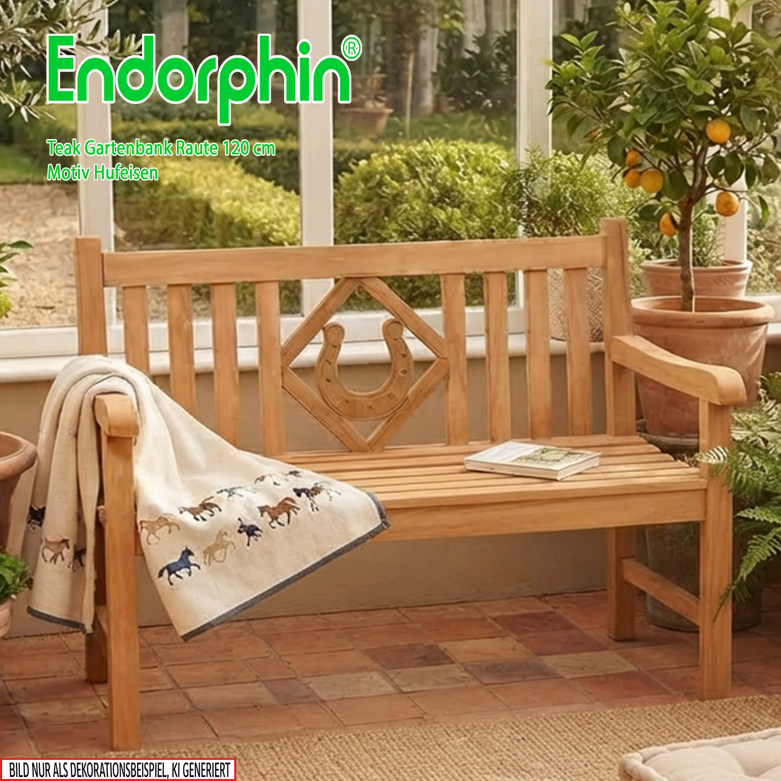 Endorphin Premium Teak Gartenbank 120 cm „Modell Raute“ mit Motiv Hufeisen