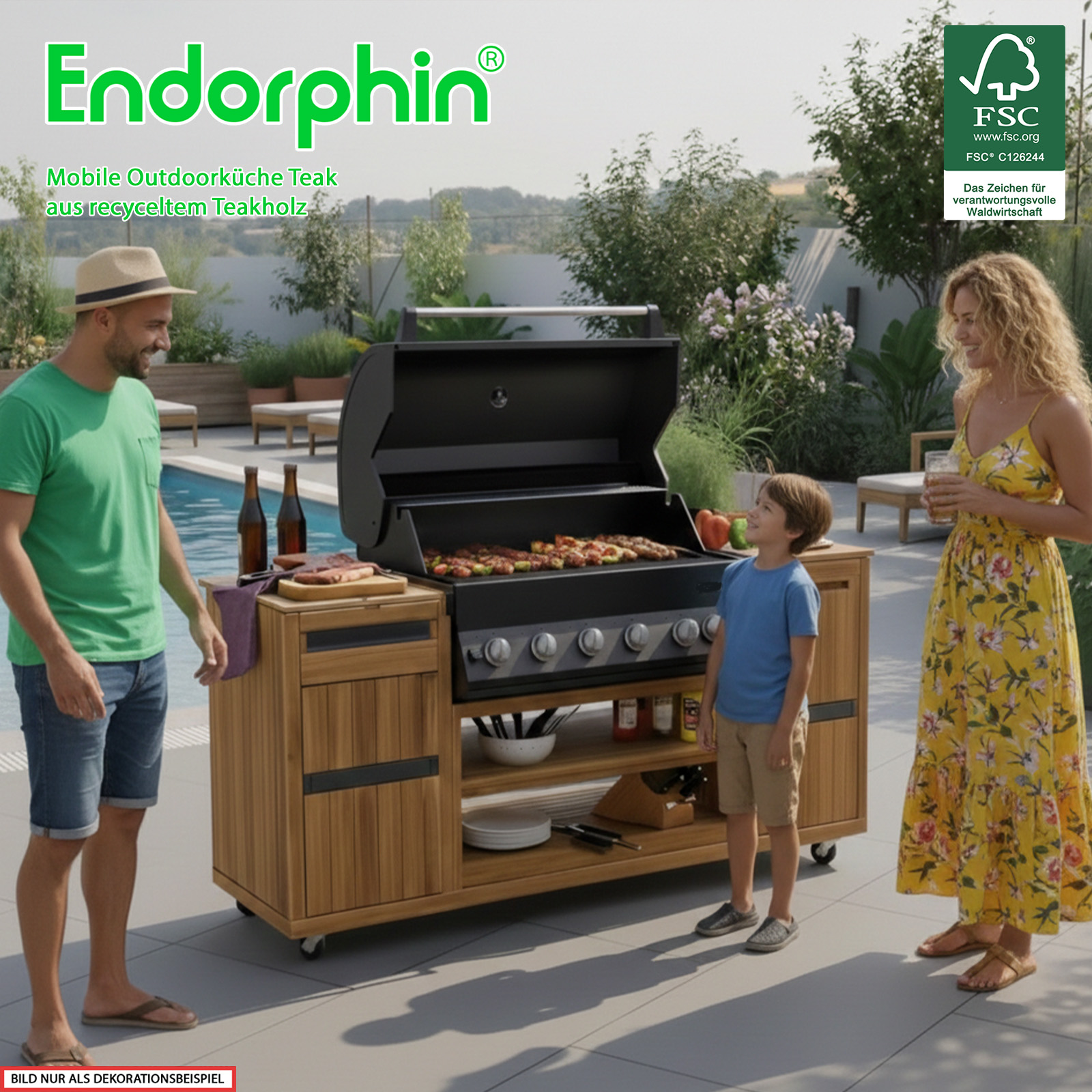 Endorphin Outdoorküche Teak inkl. Merlin 641 Built- in Gasgrill schwarz