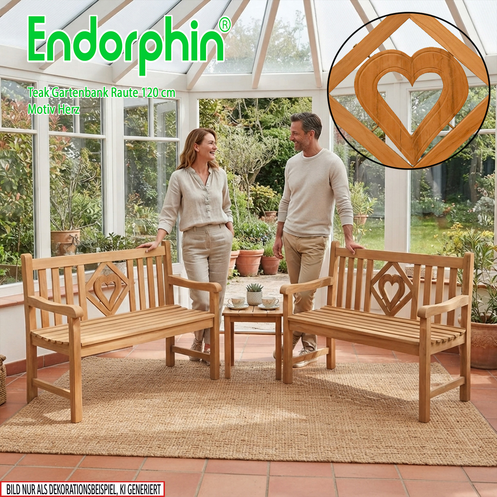 Endorphin Premium Teak Gartenbank 120 cm „Modell Raute“ mit Motiv Herz