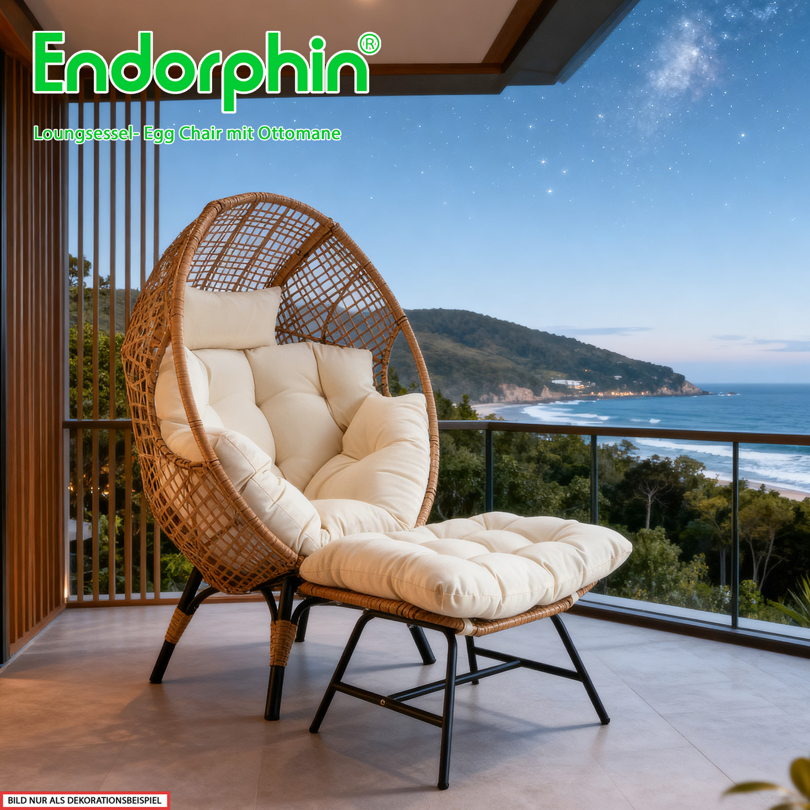 Endorphin Loungesessel Egg Chair, Gartenmöbel, Korbsessel für drinnen u. draußen m. Kissen u. Hocker/Ottomane Gartensessel