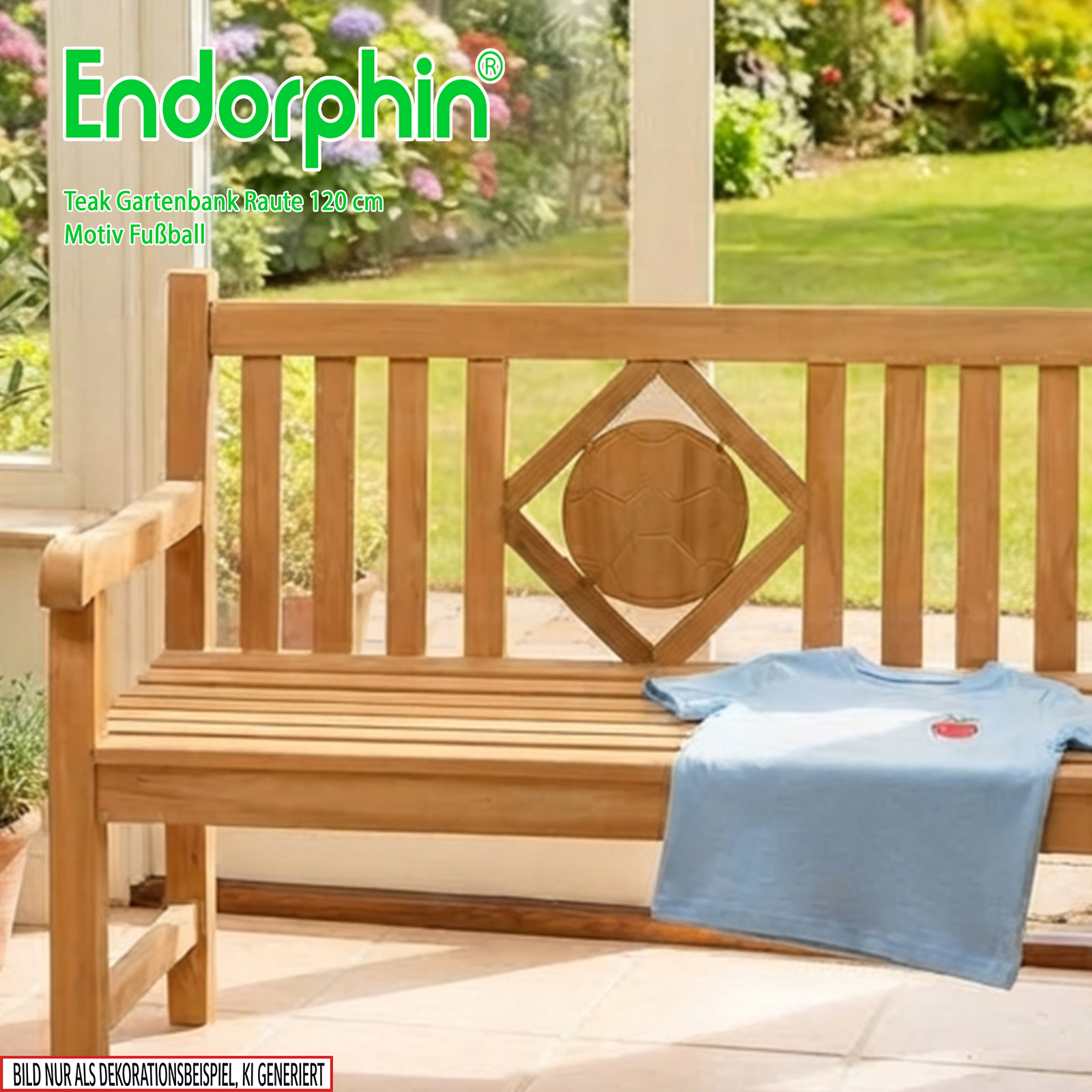 Endorphin Premium Teak Gartenbank 120 cm „Modell Raute“ mit Motiv Fußball