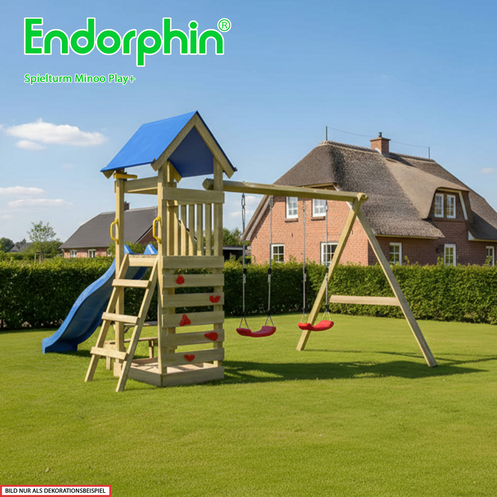 Endorphin Spielturm Minoo Play+ mit Dach Leiter Rutsche blau Schaukel Kletterwand Sandkasten Picknicktisch